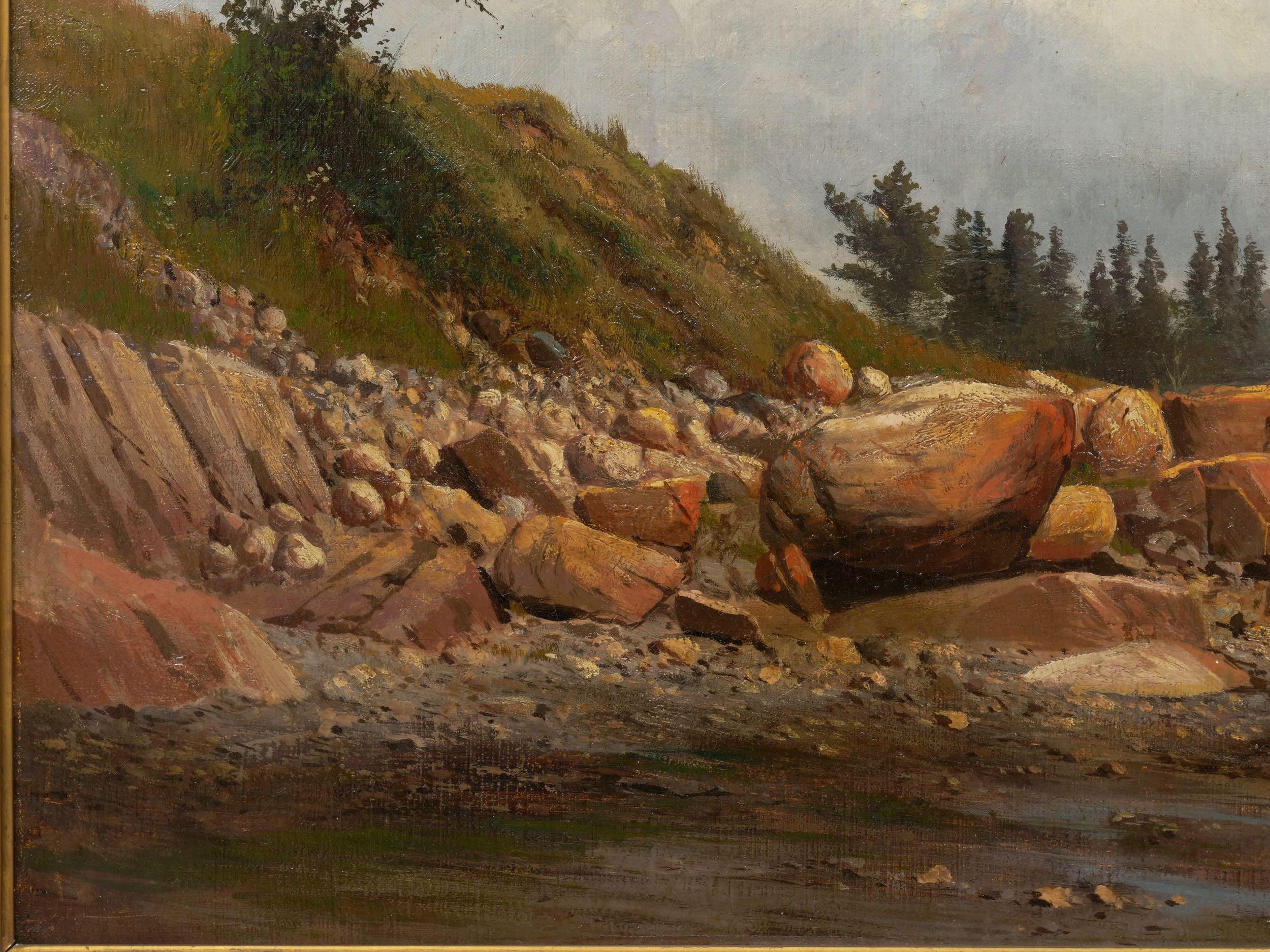 Oiled American Landscape Painting “Boats off a Rocky Coast” by Carl Philipp Weber