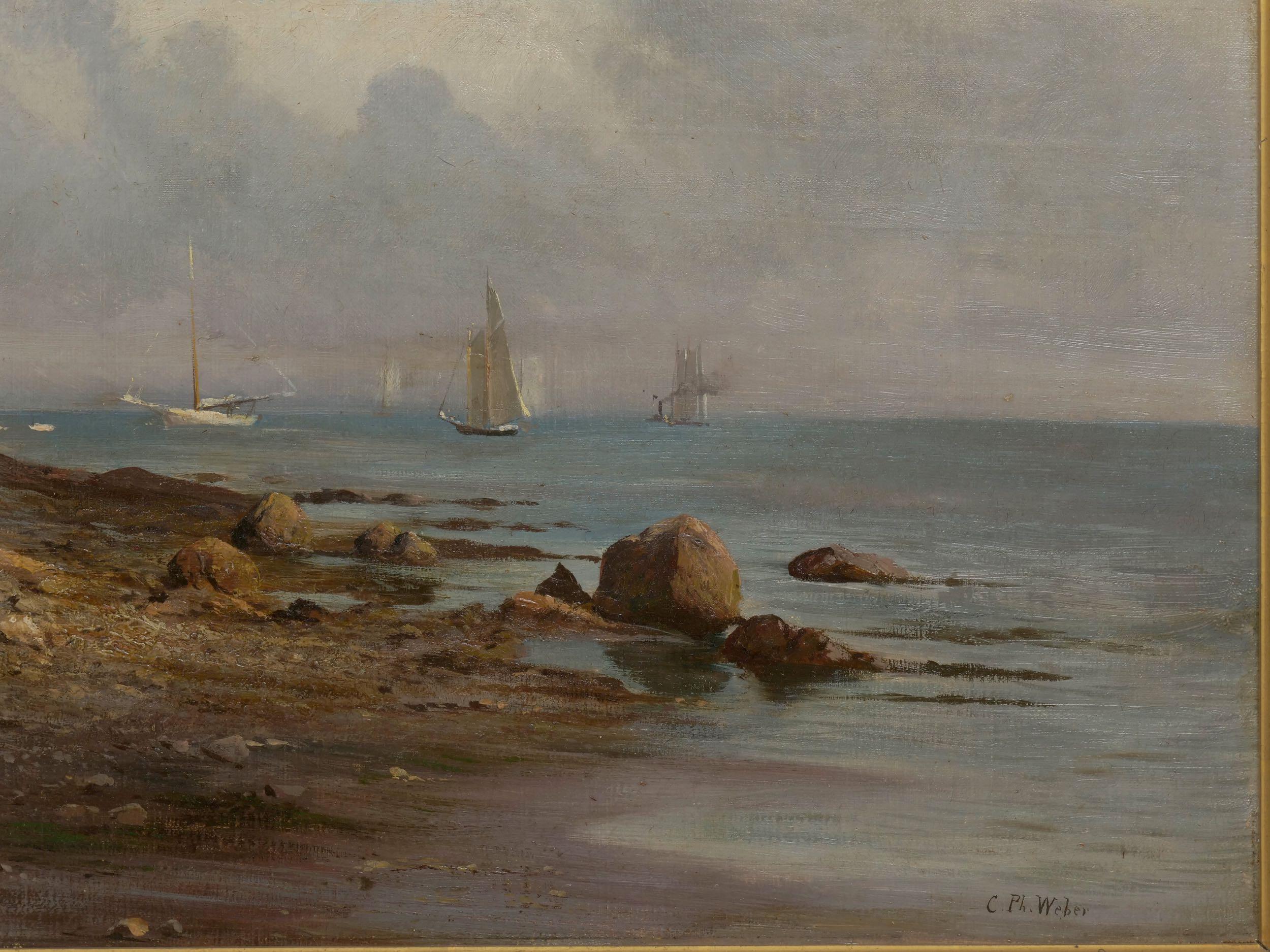 19th Century American Landscape Painting “Boats off a Rocky Coast” by Carl Philipp Weber