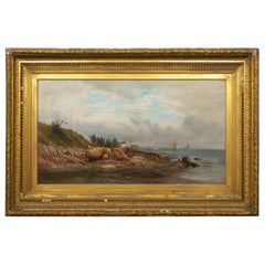 Antique American Landscape Painting “Boats off a Rocky Coast” by Carl Philipp Weber