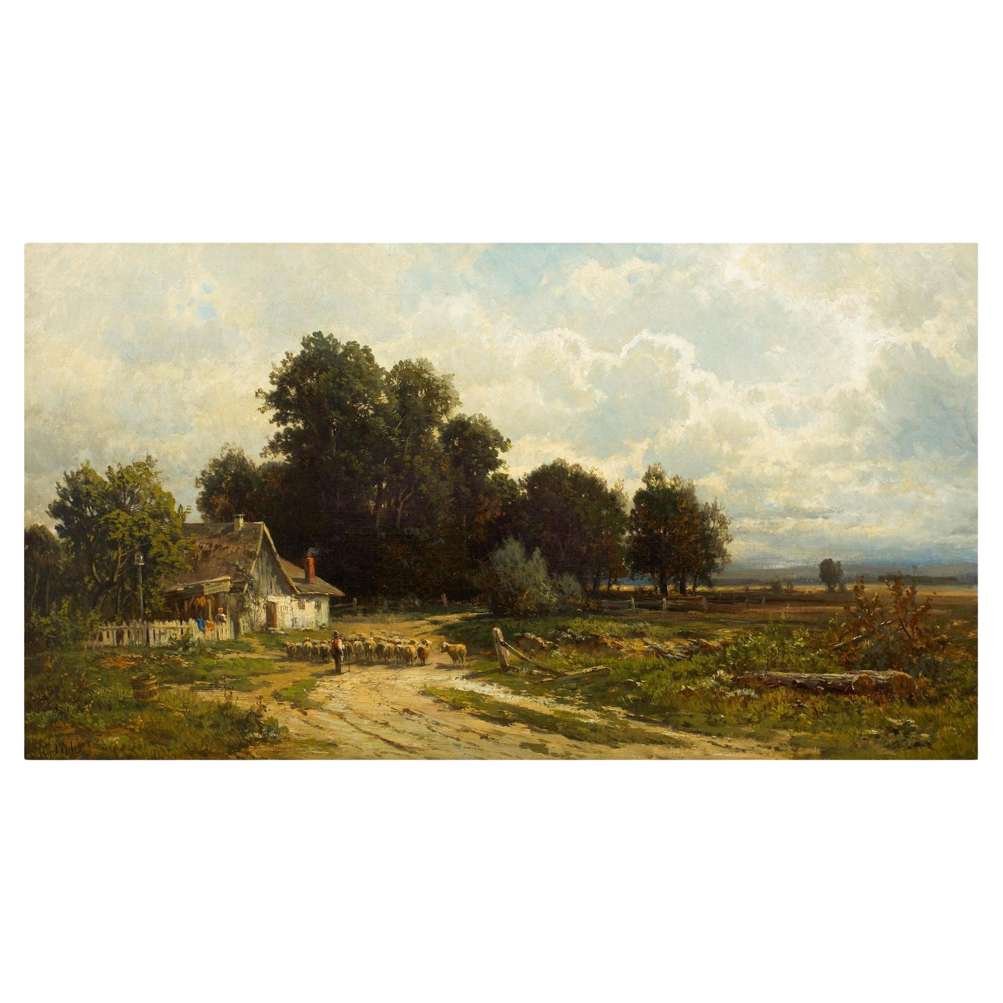 Peinture de paysage américain « Farm at Rockaway, New Jersey » par Carl Weber en vente