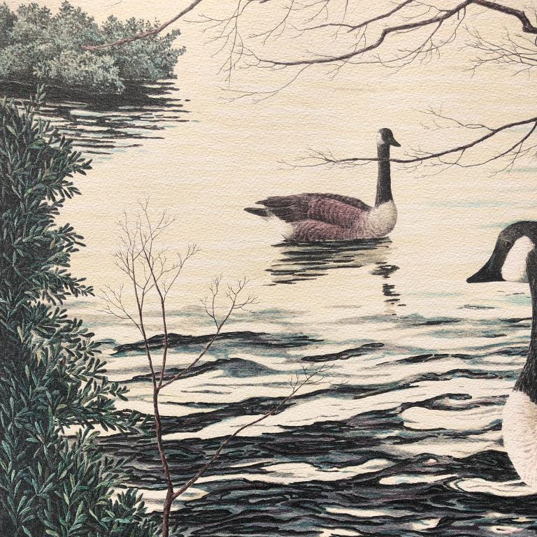 Renaissance American Landscape Portrait Canadian Goose Signed Lithograph by Helen Rundell For Sale