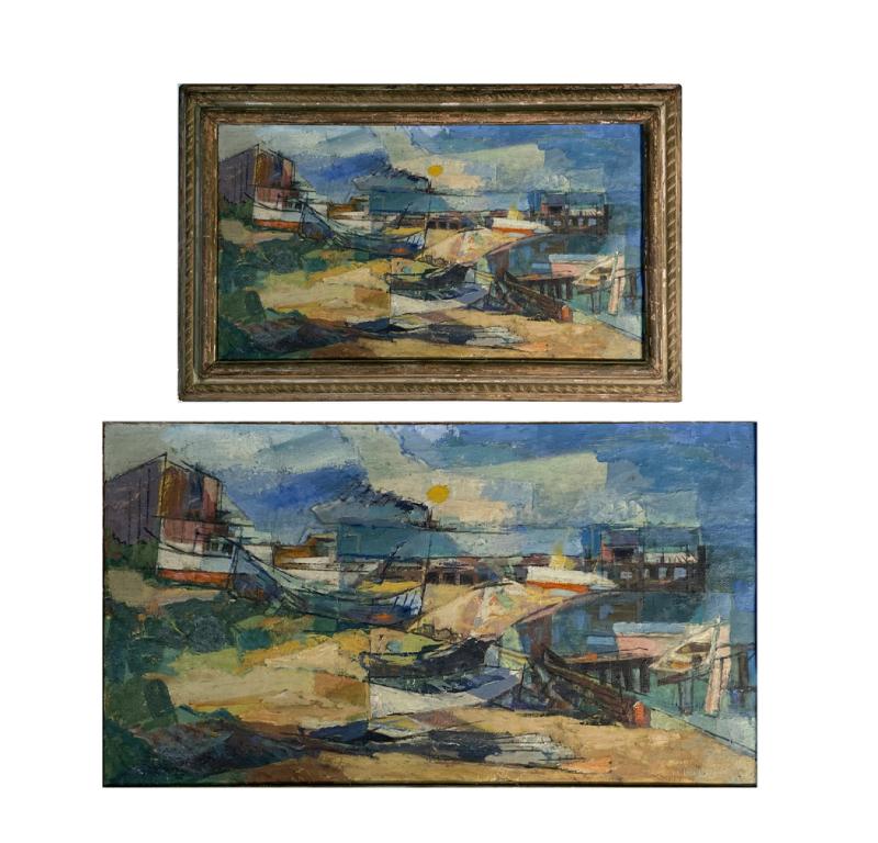 Pittura ad olio su tela del paesaggio americano di metà secolo, raffigurante una scena di un molo, in una cornice intagliata d'oro invecchiato.