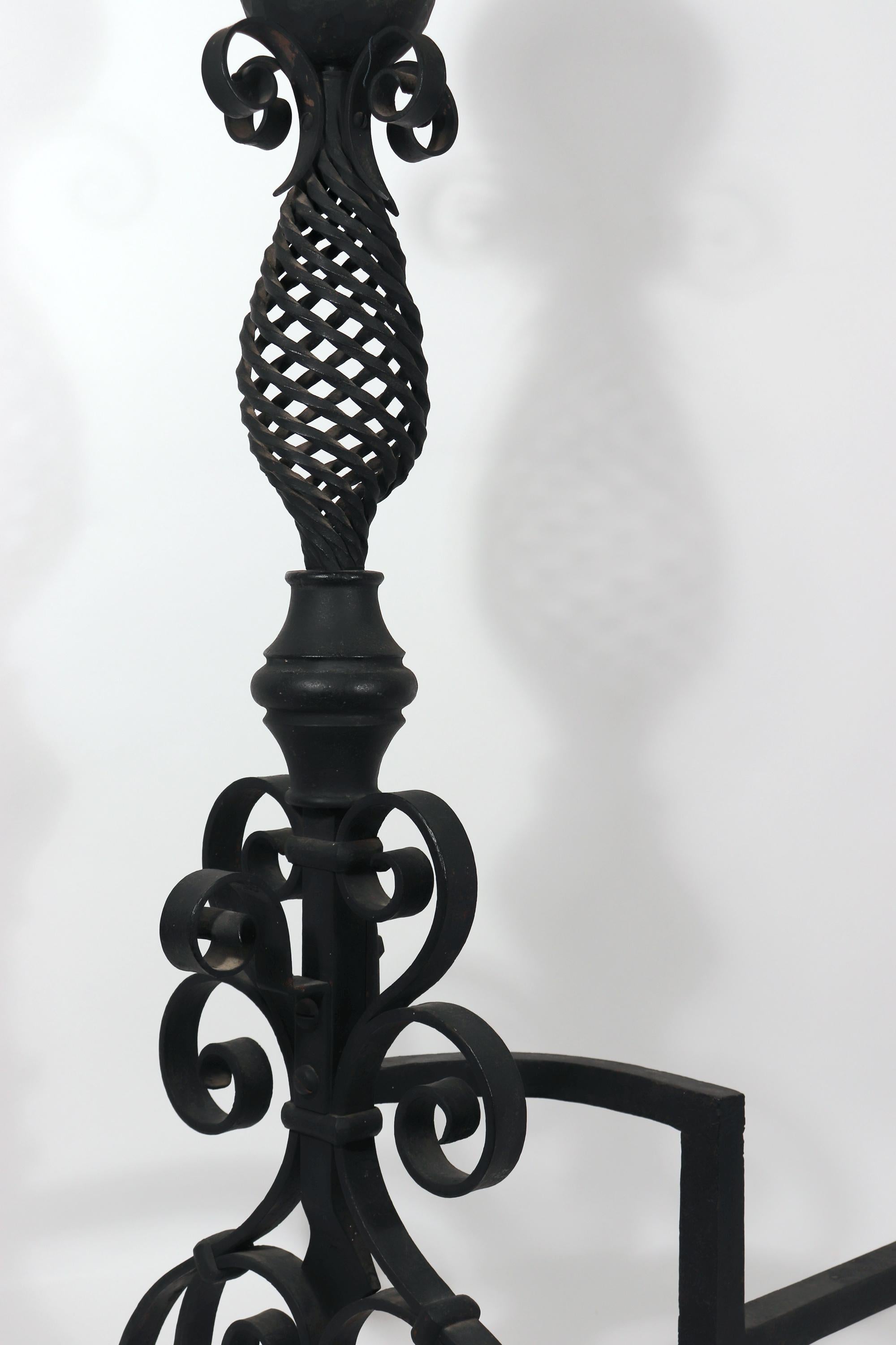 Arts and Crafts American Large Arts & Crafts Pair of Wrought-Iron Andirons