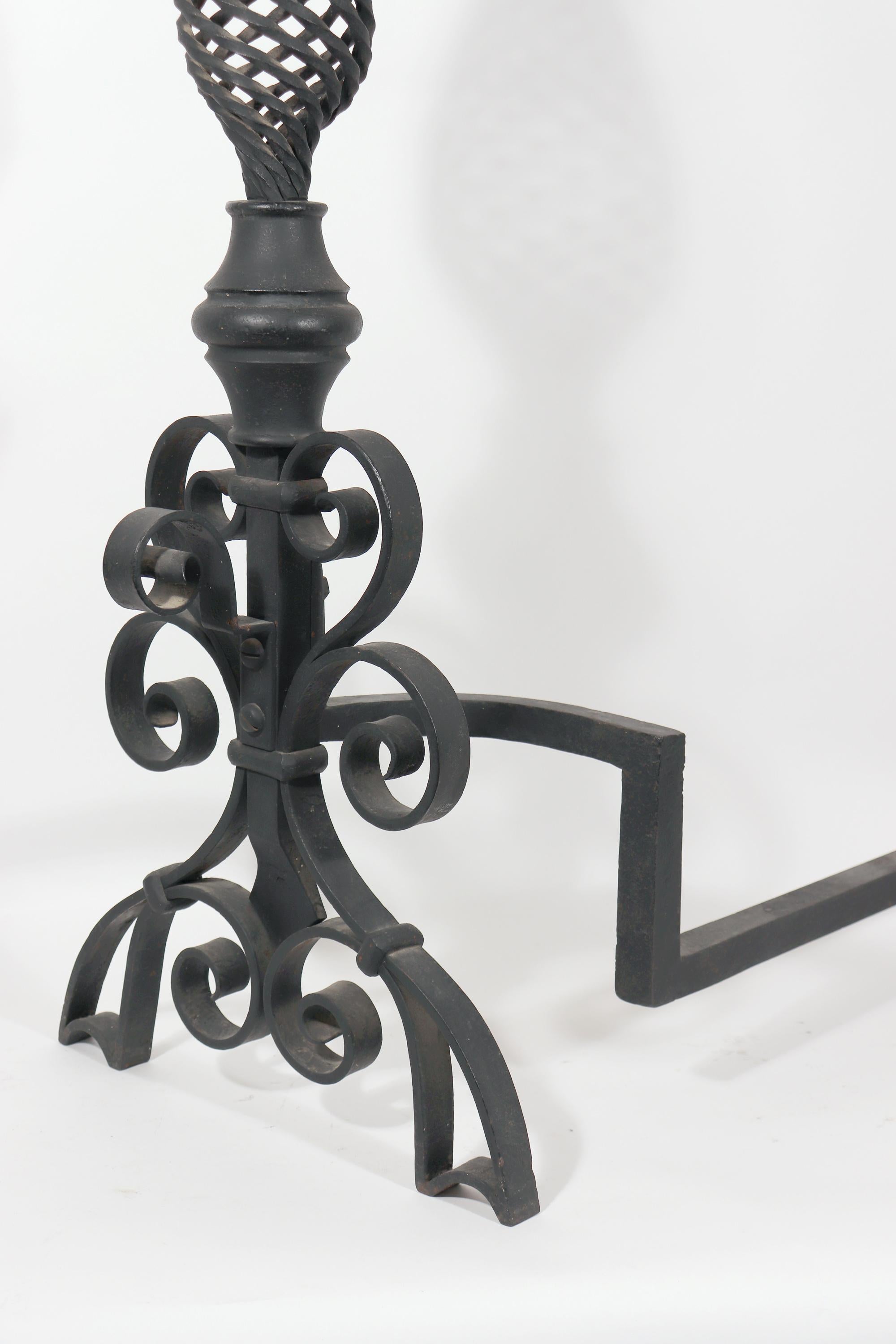 American Large Arts & Crafts Pair of Wrought-Iron Andirons In Good Condition In Downingtown, PA