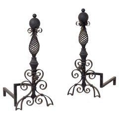American Large Arts & Crafts Pair of Wrought-Iron Andirons