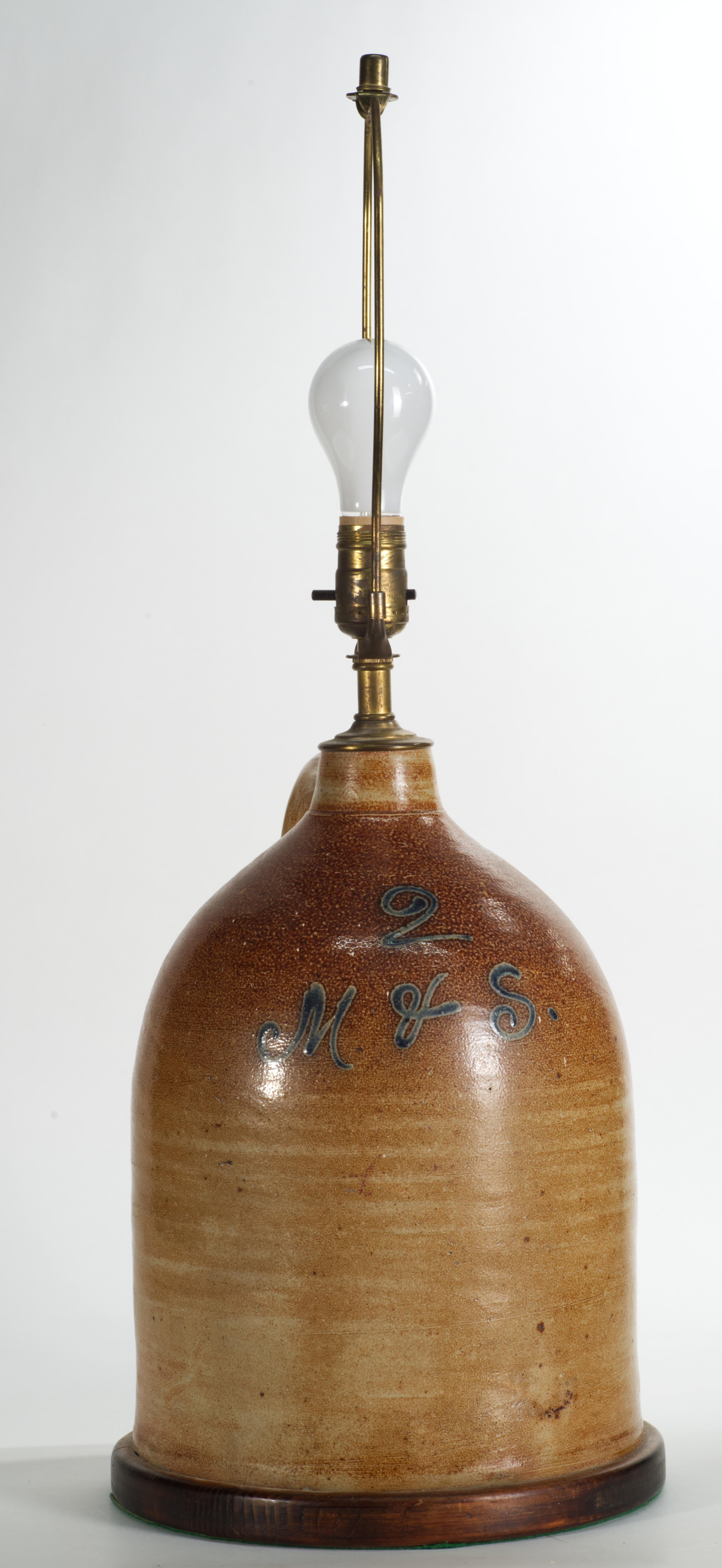 Country American Large Brown Salt Glaze Stoneware Crock Jug Table Lamp For Sale