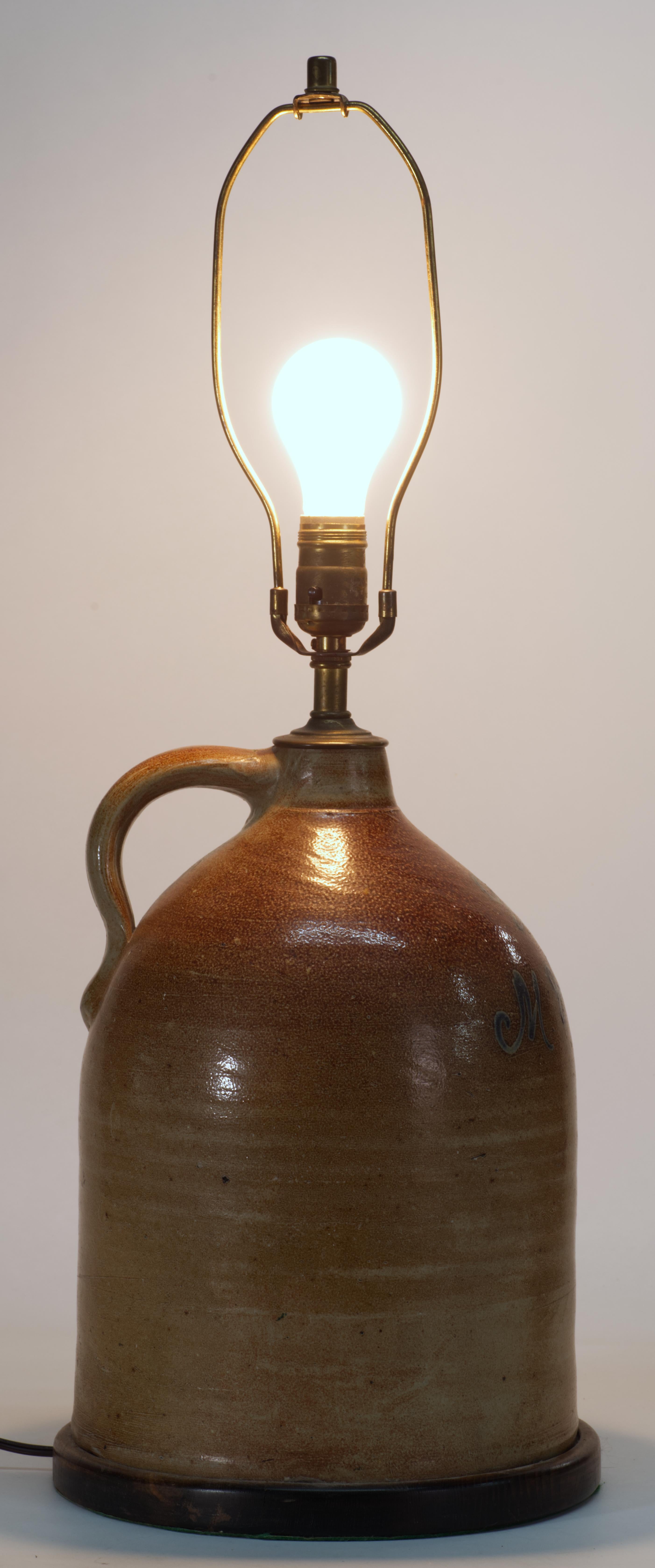 Hand-Crafted American Large Brown Salt Glaze Stoneware Crock Jug Table Lamp For Sale