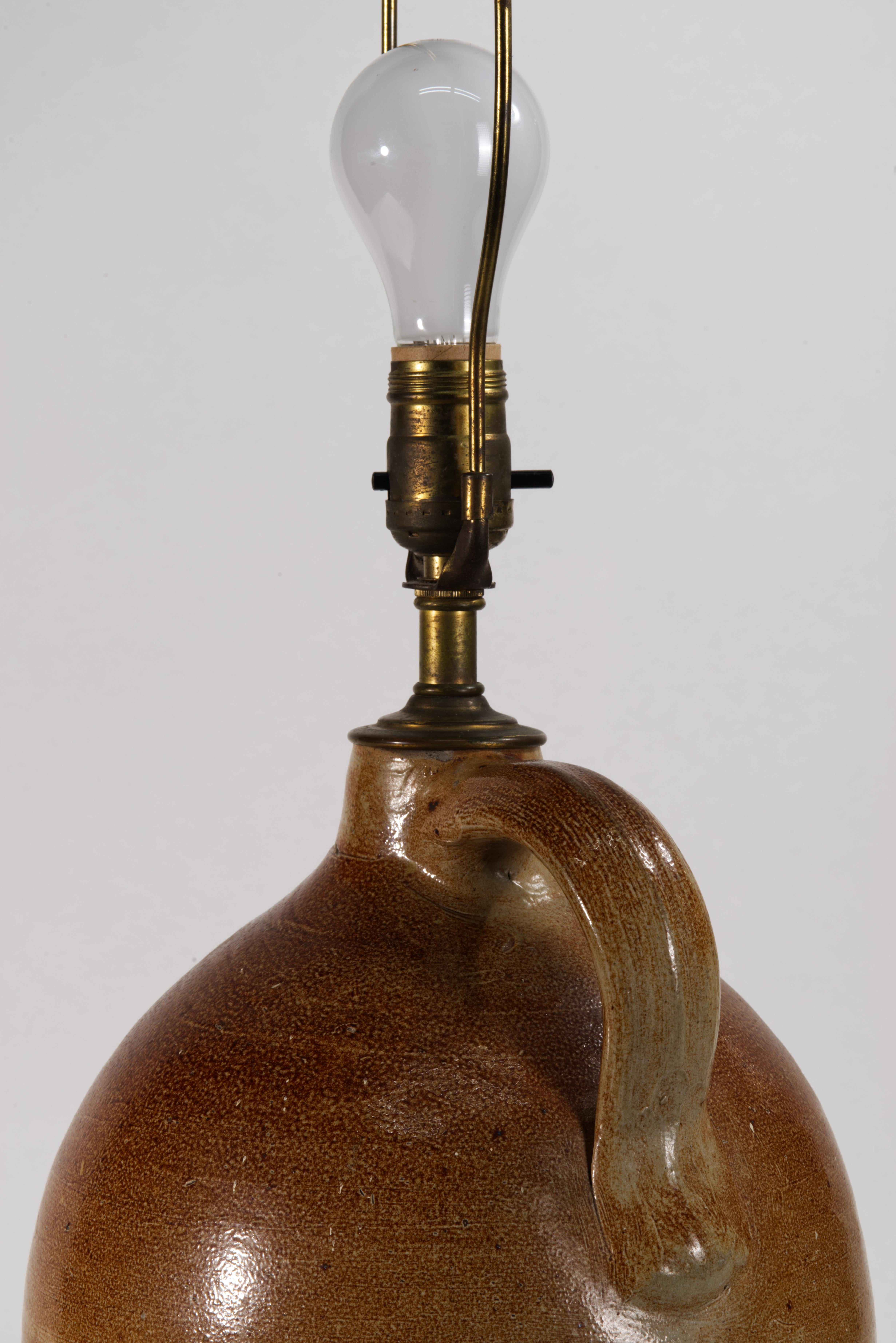 19th Century American Large Brown Salt Glaze Stoneware Crock Jug Table Lamp For Sale