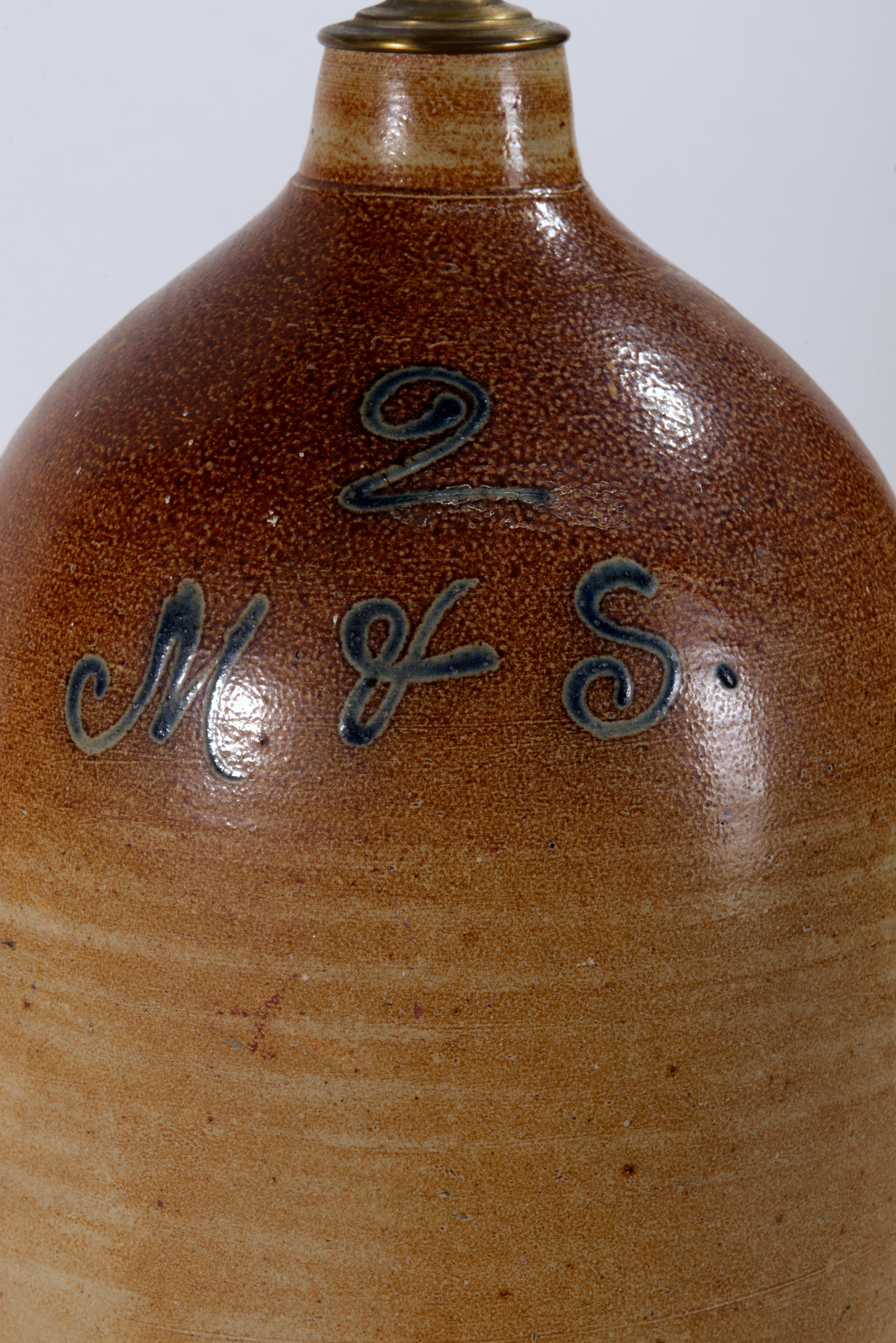Ceramic American Large Brown Salt Glaze Stoneware Crock Jug Table Lamp For Sale