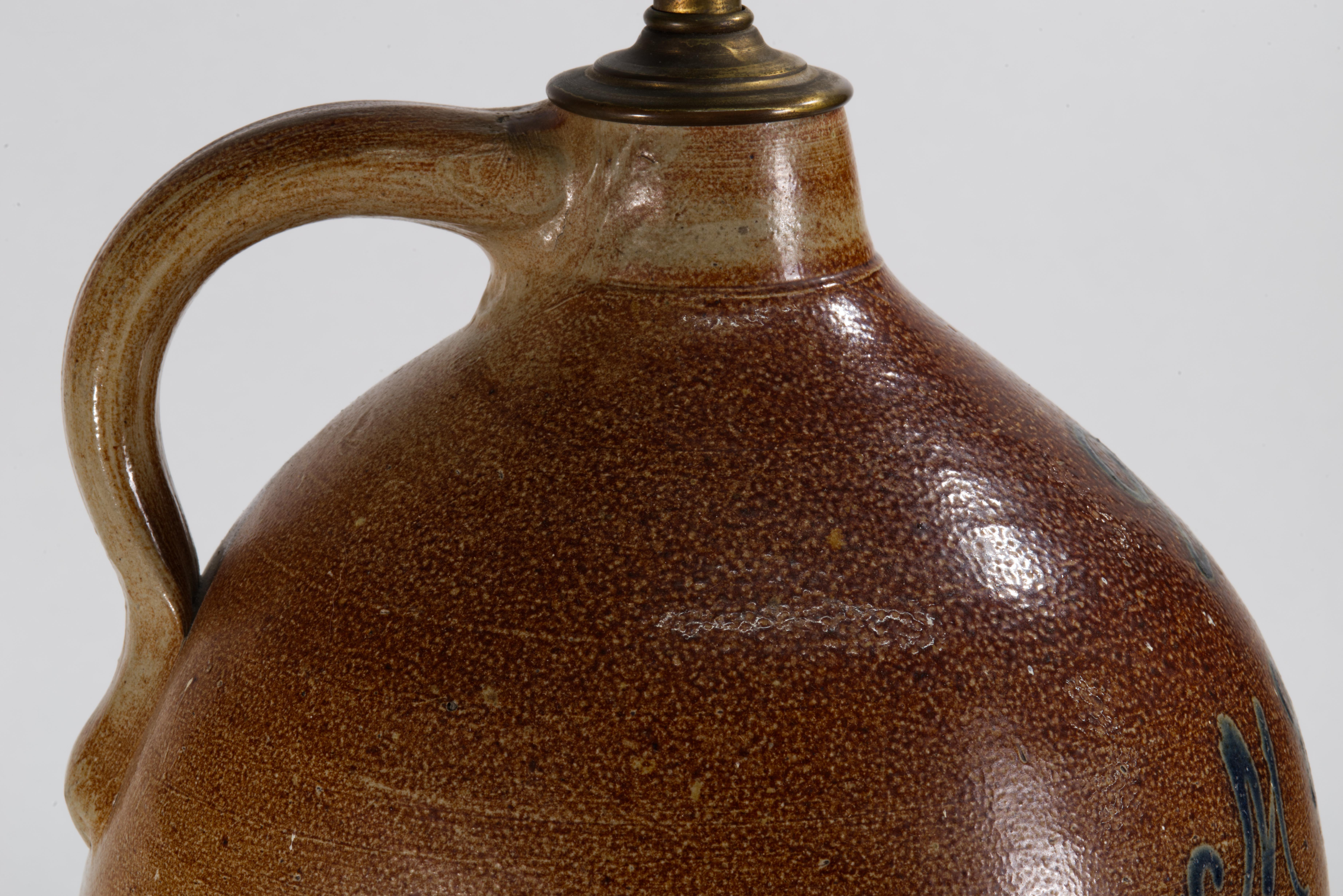 American Large Brown Salt Glaze Stoneware Crock Jug Table Lamp For Sale 1