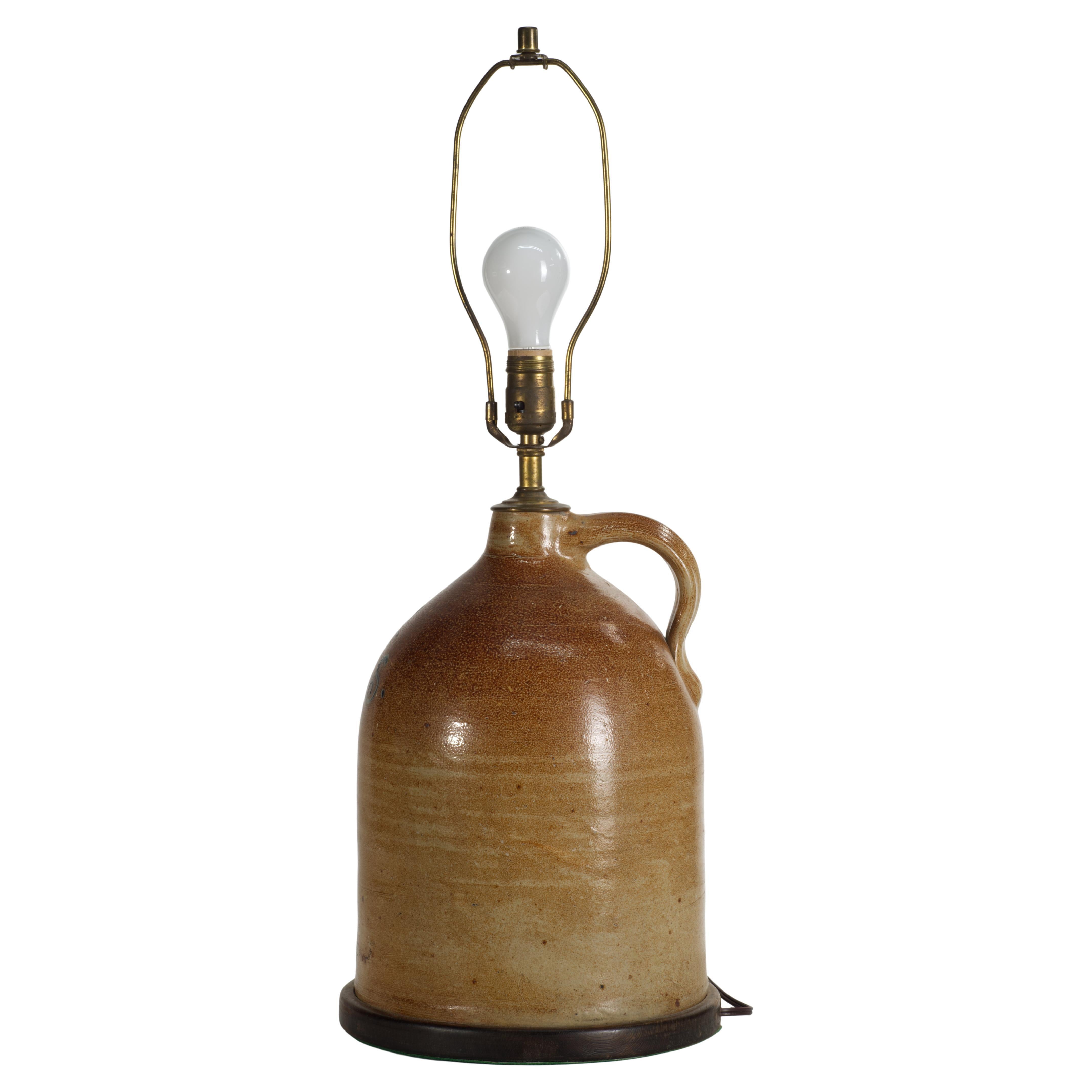 American Large Brown Salt Glaze Stoneware Crock Jug Table Lamp For Sale