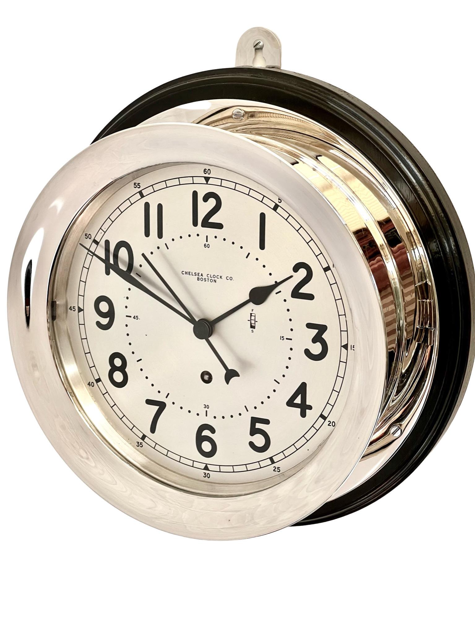 A stunning American large chrome plated timepiece ship’s clock made by Chelsea Clock Company, Boston, USA.
Founded in 1897, Chelsea Clock Company is one of the oldest and largest clock manufacturers in the United States. For over a century,