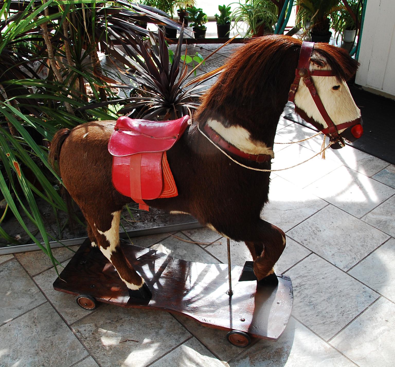 Victorian American Large Pony Pull Toy Carved Wood, Horsehair Hide and Saddle Circa 1900 For Sale