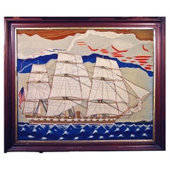 American Large Sailor's Woolwork Picture of a Frigate