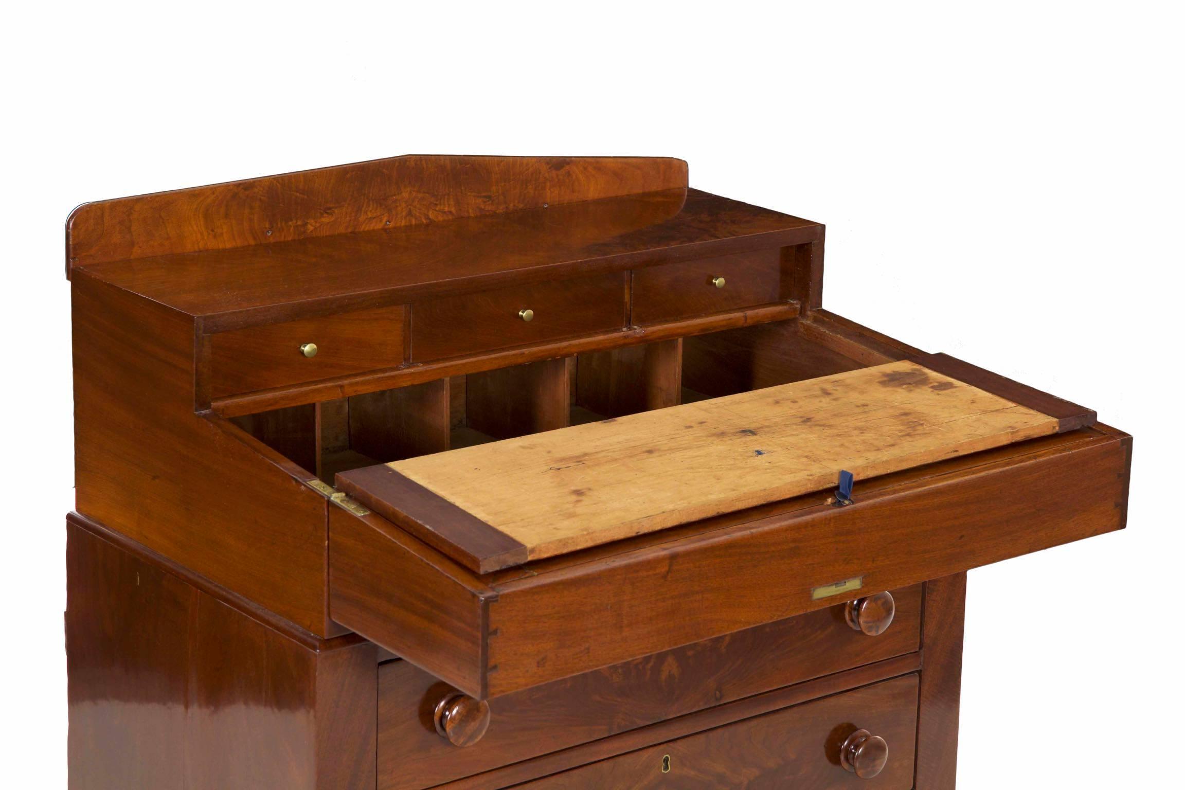 American Late Classical Crotch-Mahogany Writing Desk over Chest c. 1850-70 In Good Condition In Shippensburg, PA