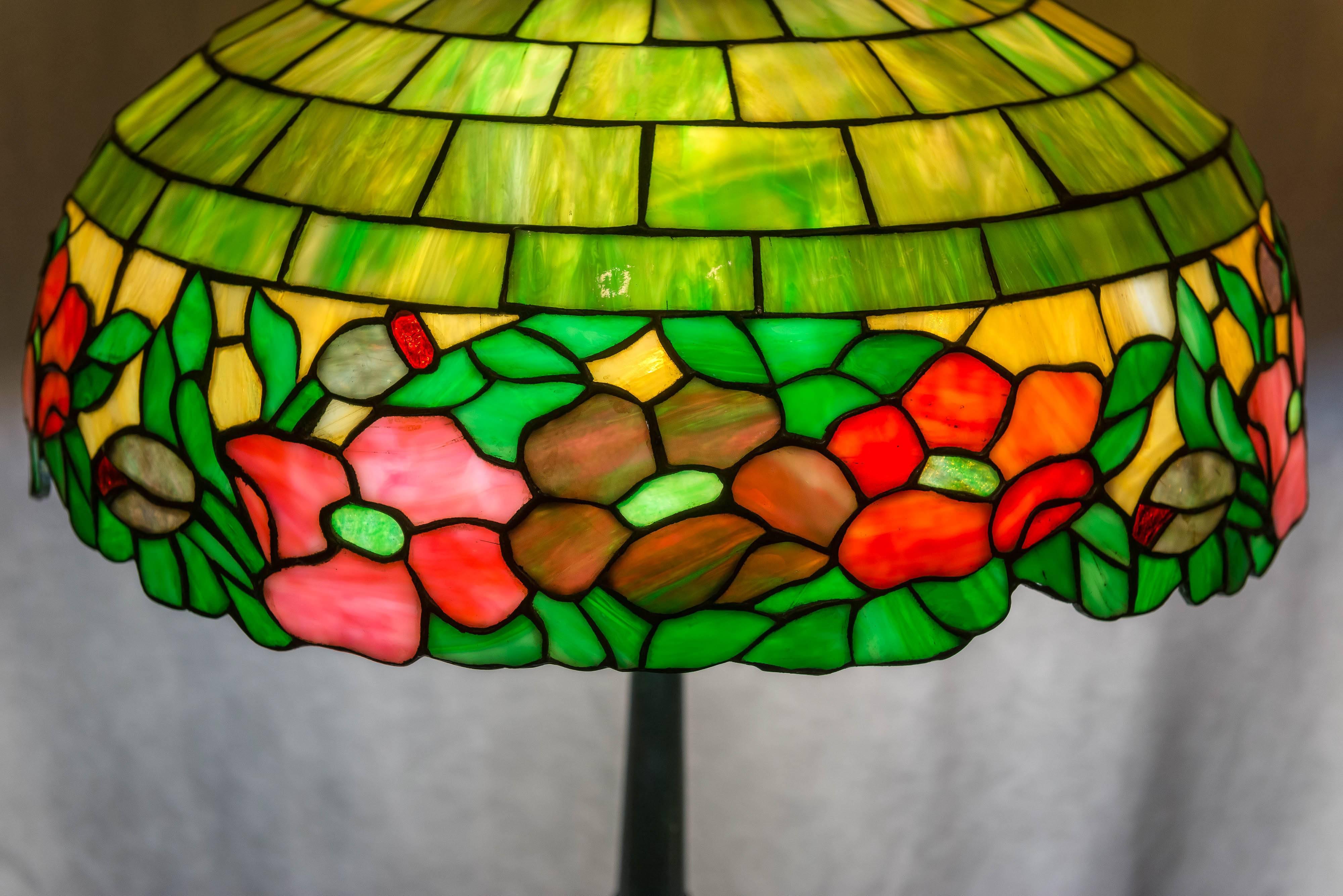 Hand-Crafted American Leaded Glass Floral Lamp by Wilkinson
