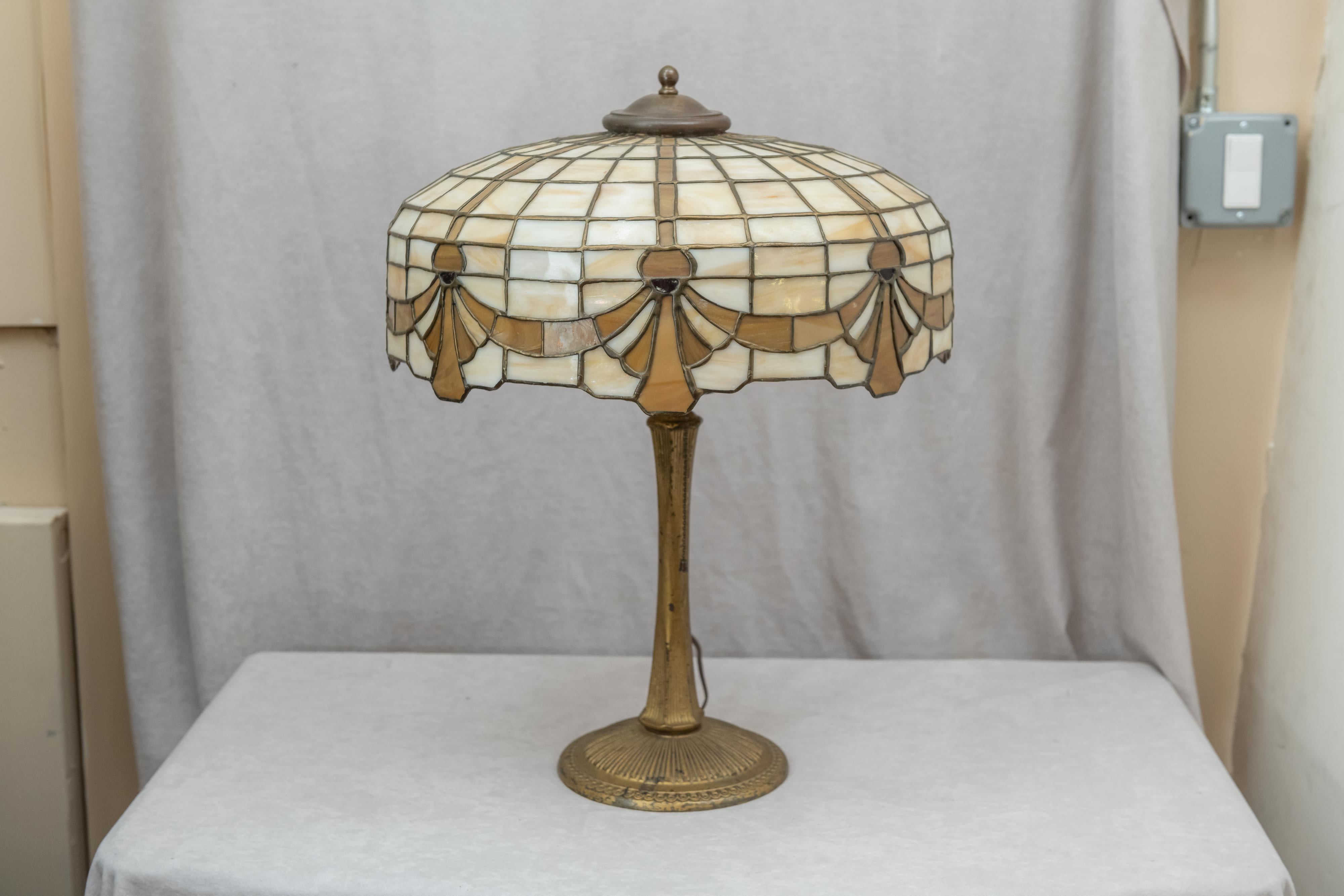 Cast American Leaded Glass Table Lamp by Lamb Bros, Napanee Indiana, circa 1910