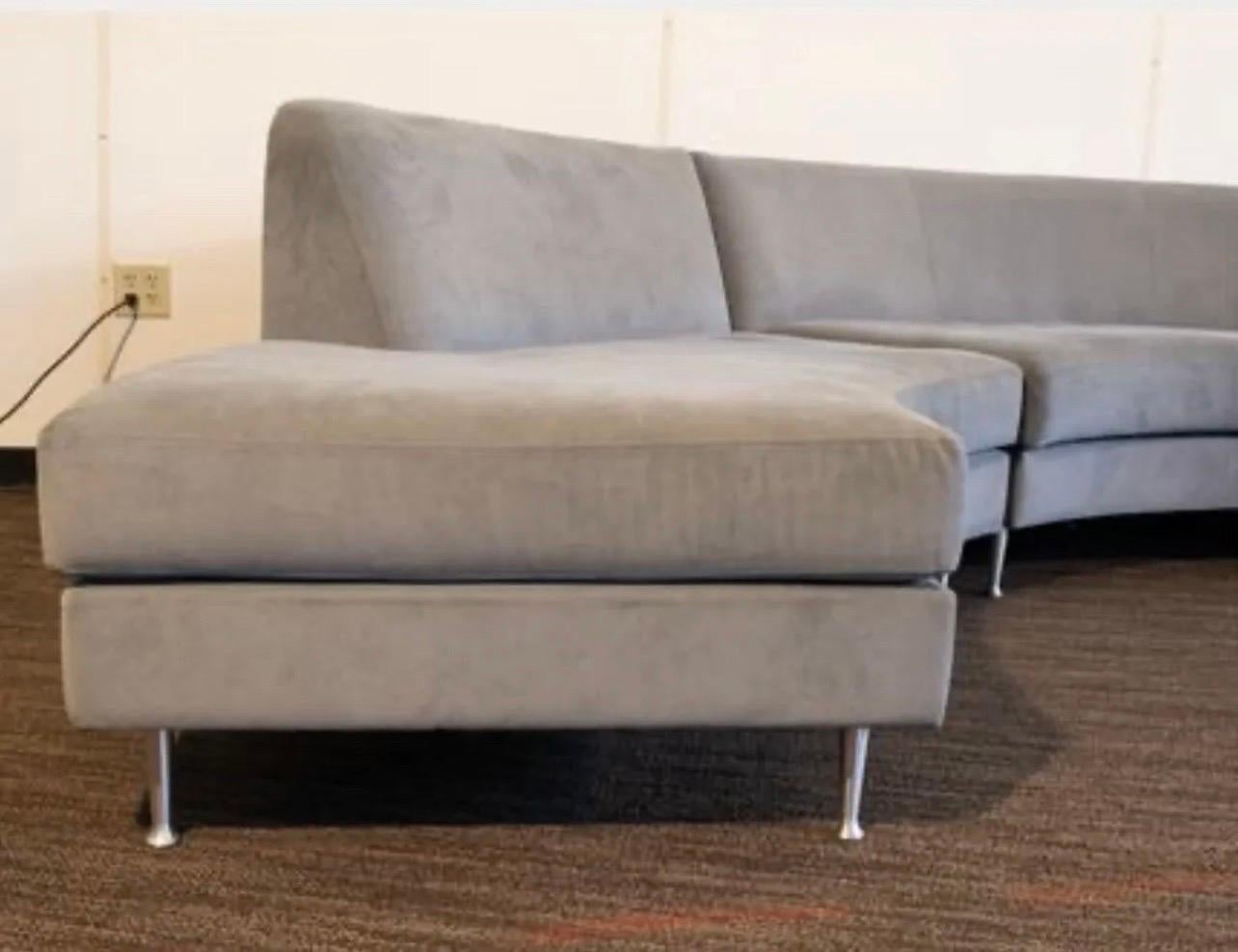 Contemporary Menlo Park sectional sofa designed by Rick Lee for American Leather Furniture.  All makers hallmarks are present, see pics. Features luxurious top of the line stitched solid gray suede upholstery and shaped aluminum legs. It is