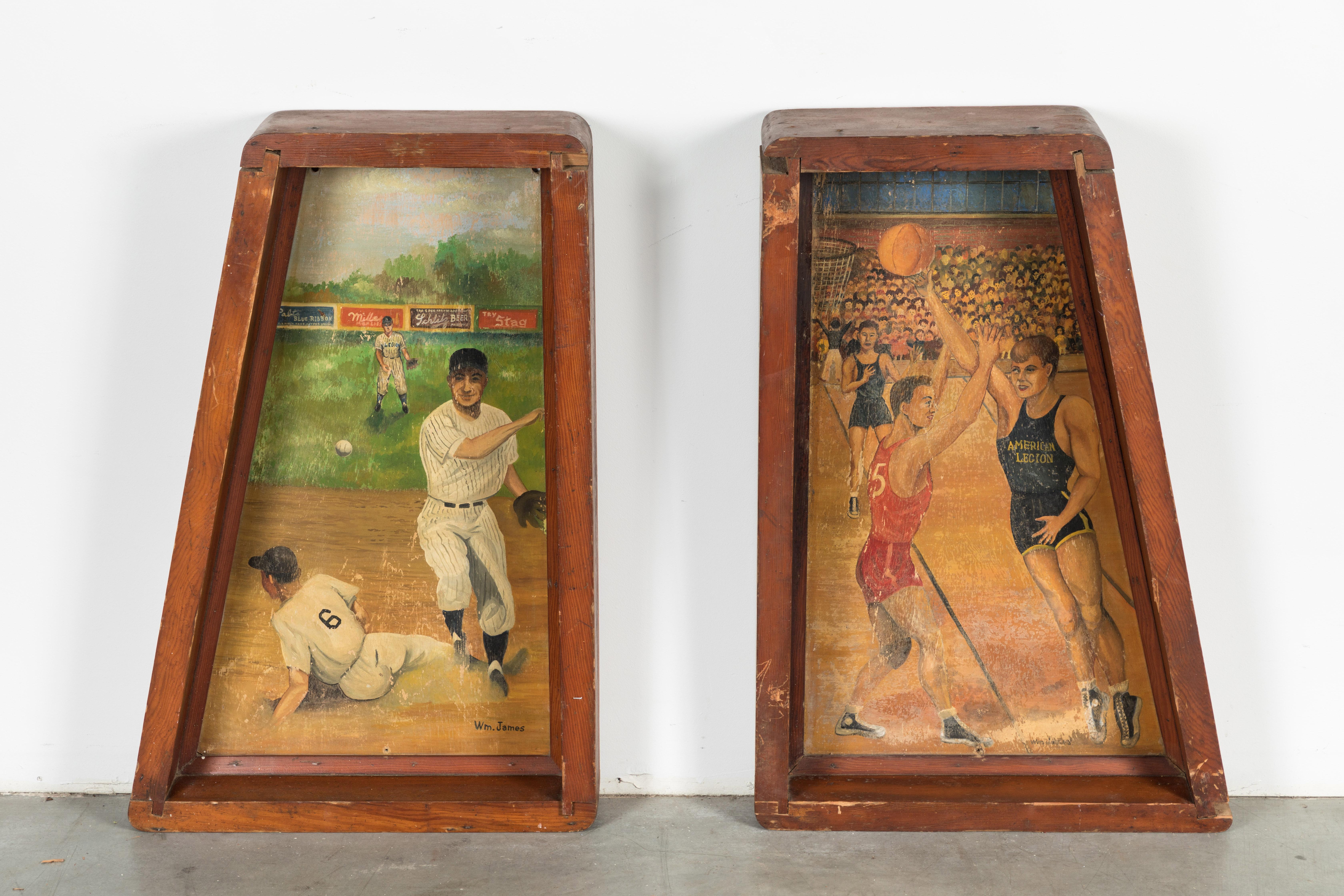Pair of baseball and basketball paintings found in a Midwestern American Legion hall. These were proudly displayed behind the legion hall bar. Great sports related subject matter. Baseball painting shows beer advertising in the background for Pabst,
