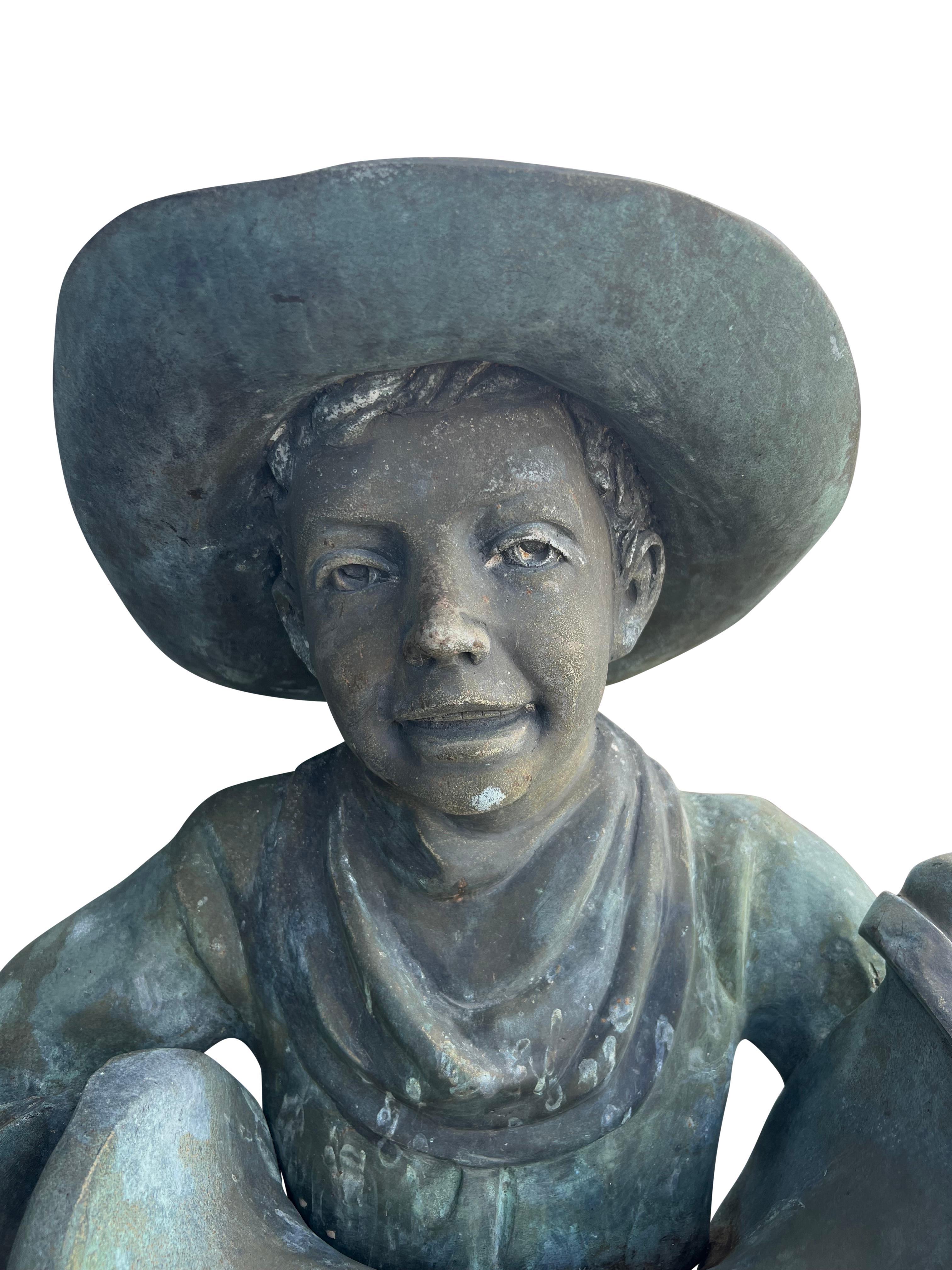 American Life Size Bronze of a Young Boy Holding a Saddle 2