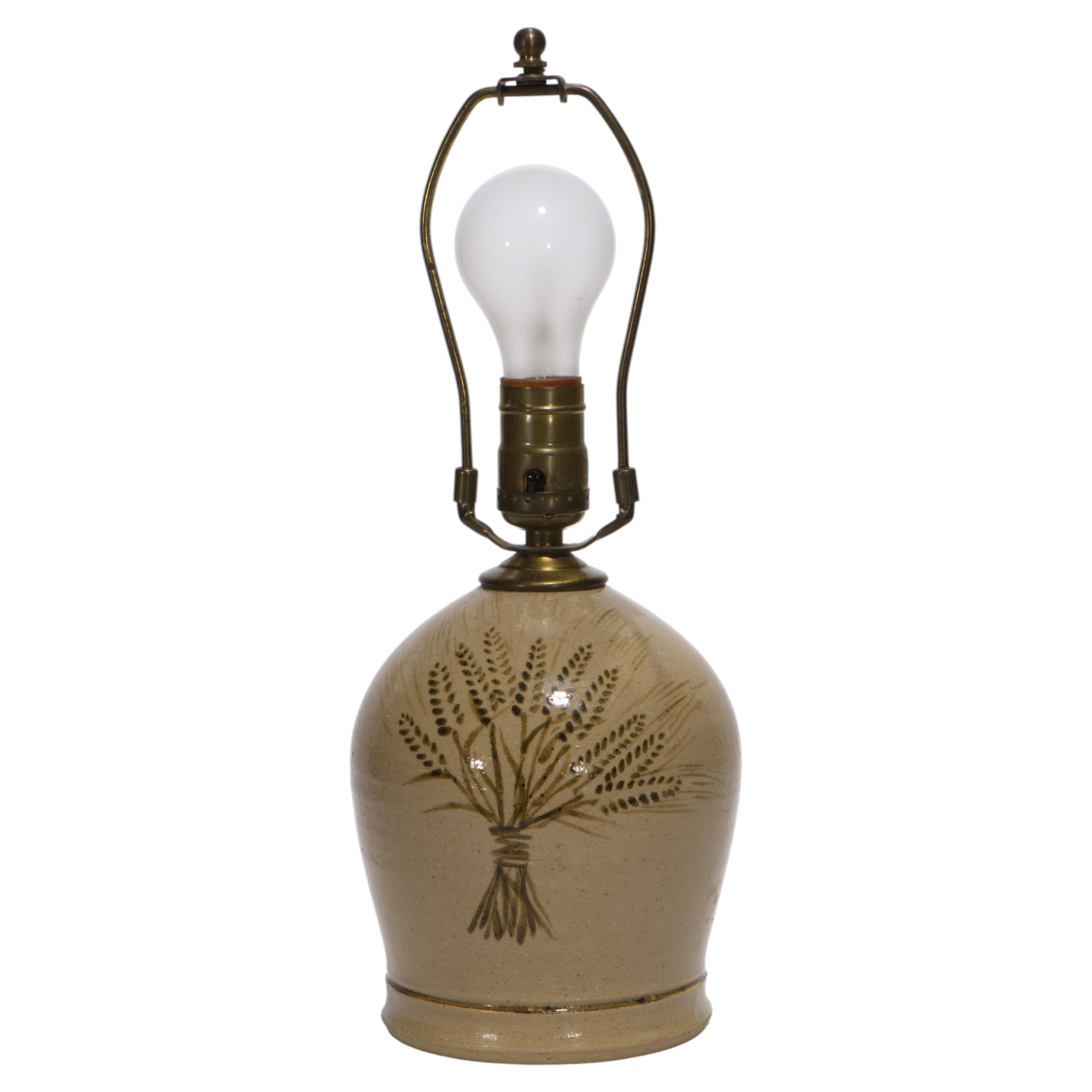 American Light Brown Hand-painted Stoneware Crock Jug Table Lamp For Sale