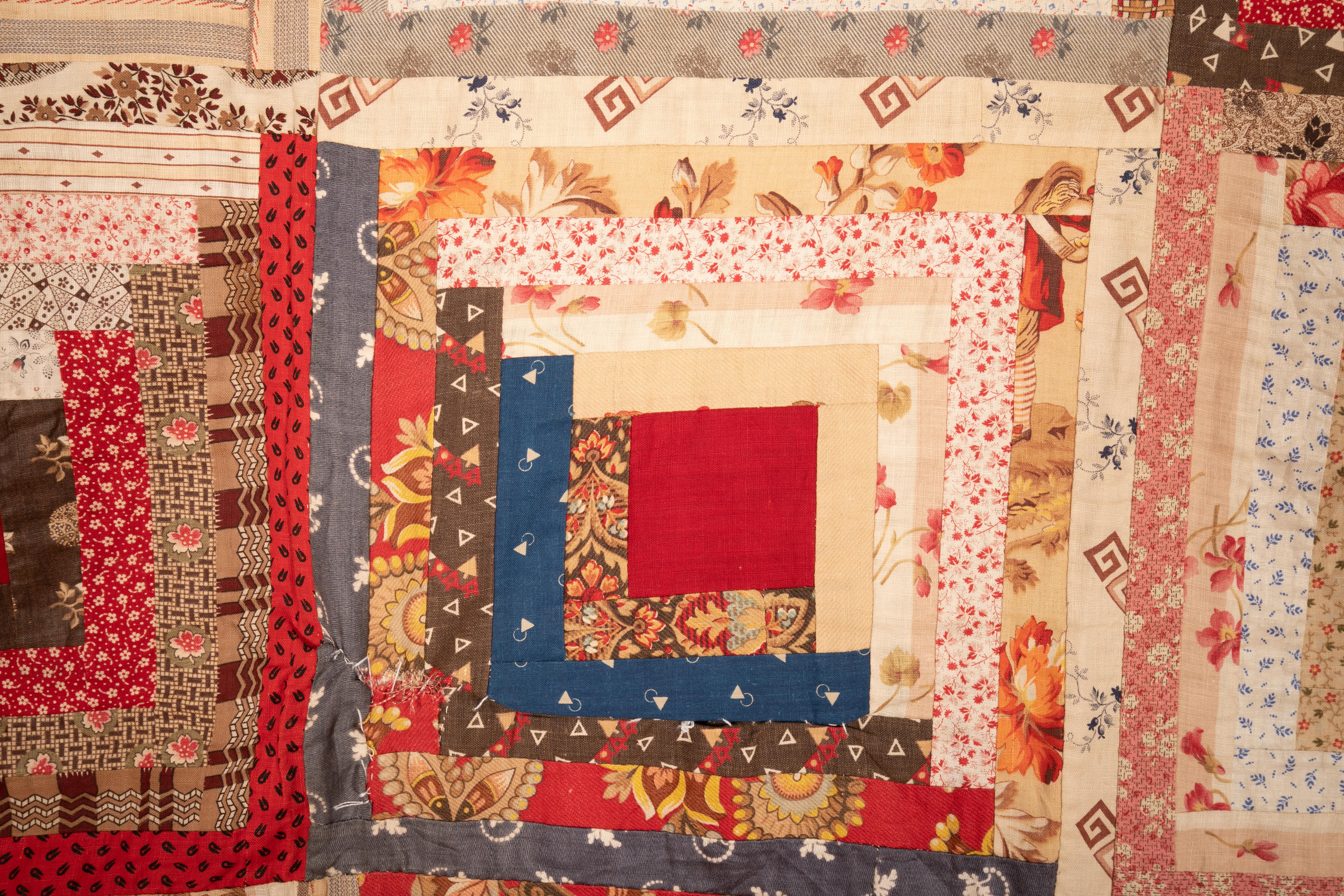 Patchwork American Log Cabin Cotton Quilt, 1880s