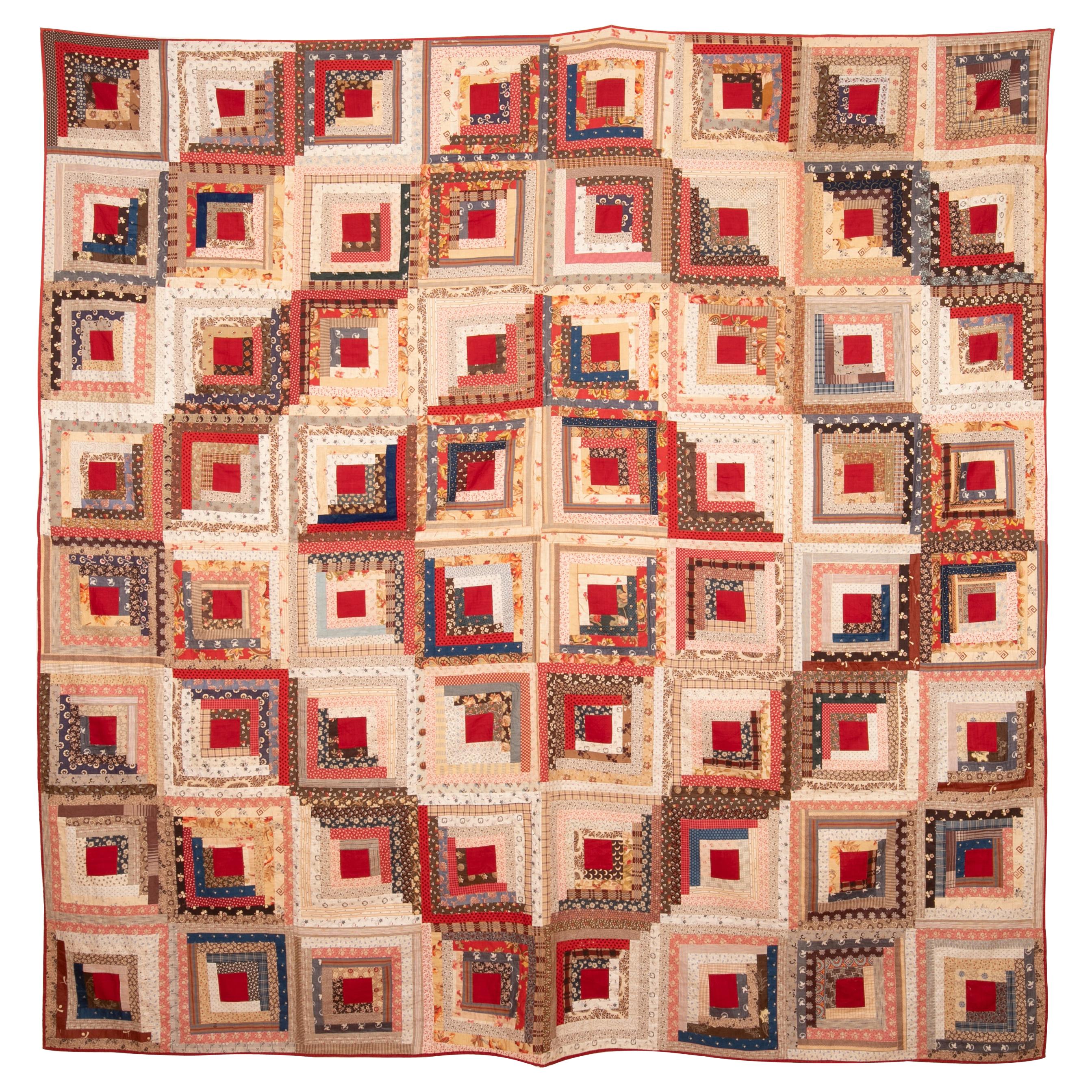 American Log Cabin Cotton Quilt, 1880s