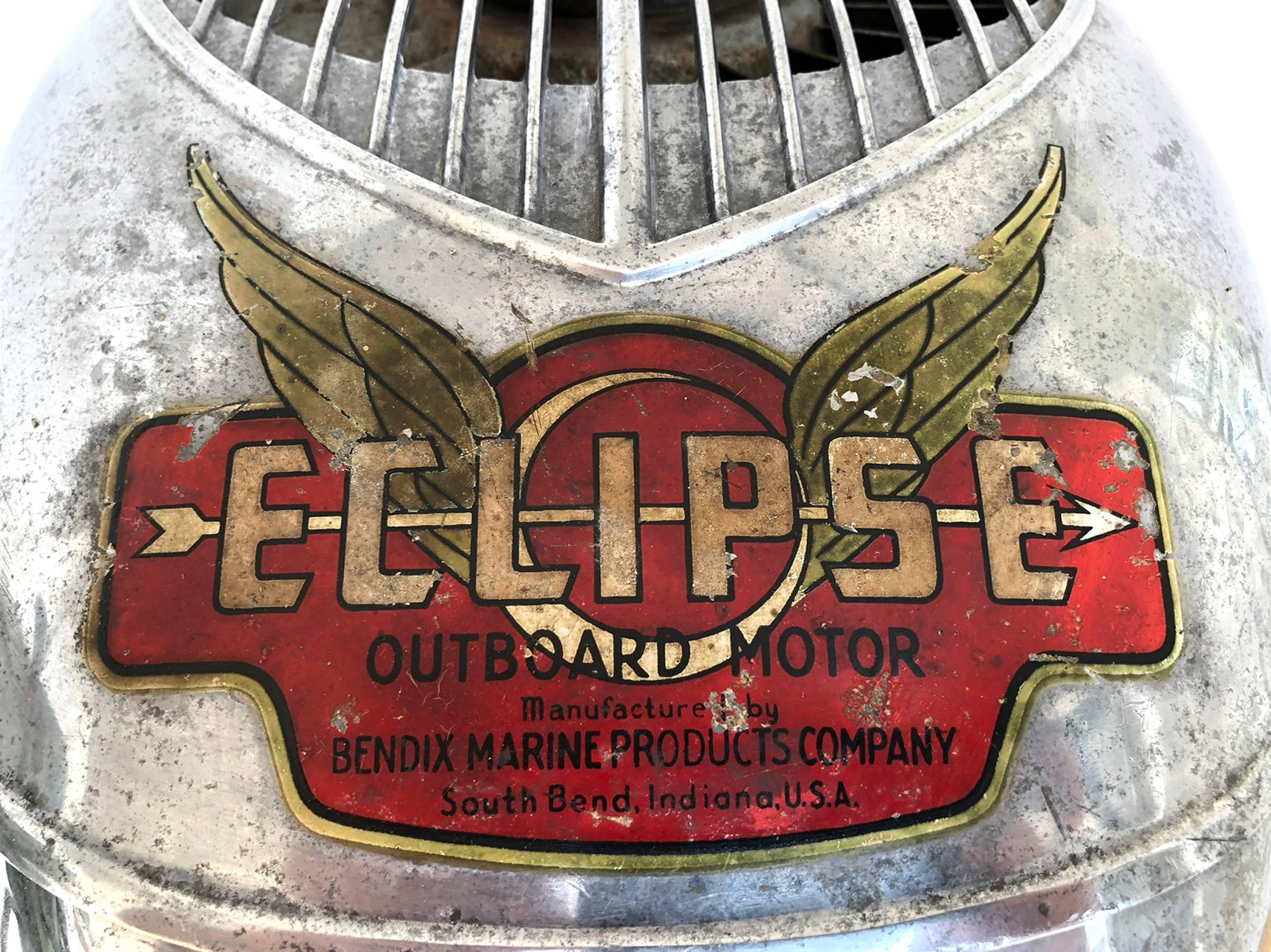 American machine age outboard motor. Eclipse, manufactured by Bendix Marine Products Company. South Bend, Indiana, U.S.A. Stand included with purchase. As shown 39