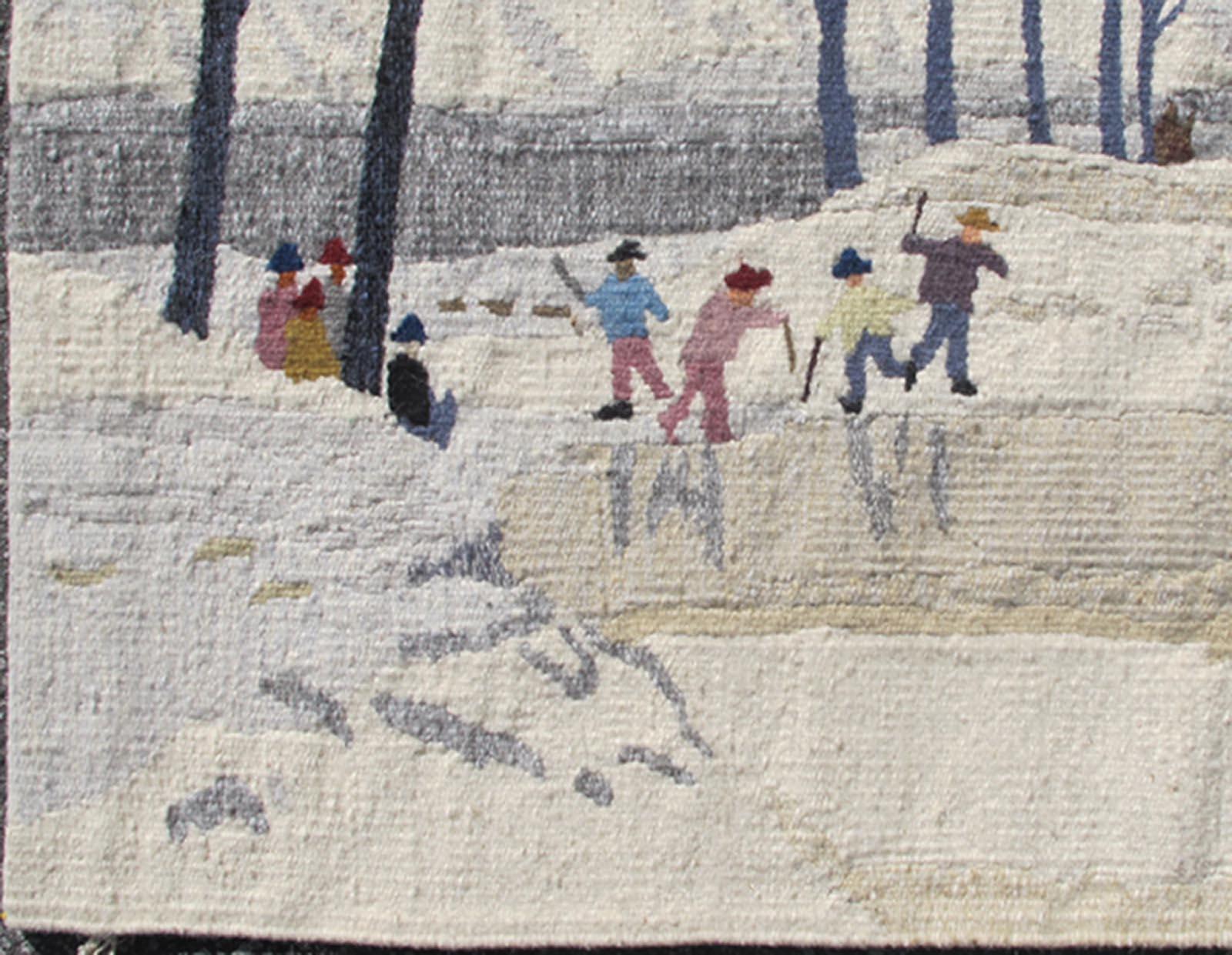 American finely made flat-weave rug with snow scene, 13-1104 handwoven scenic tapestry from the mid-20th century, size: 2'8 x 3'10.