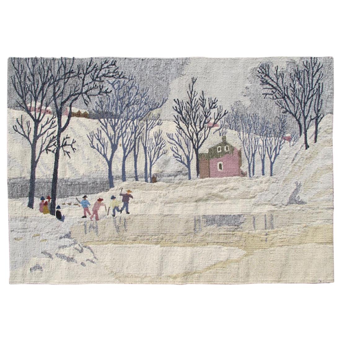 American Made Flat-Weave Rug with Snow Scene For Sale