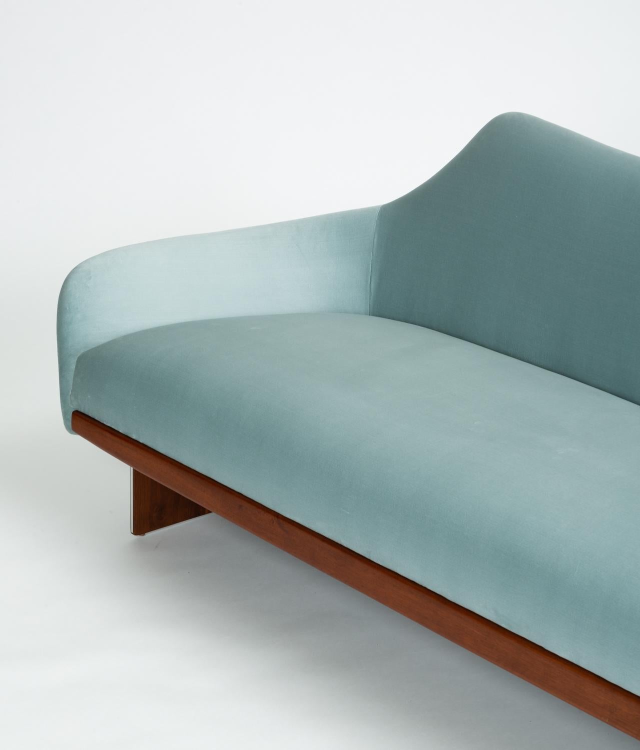 20th Century Adrian Pearsall Style Gondola Sofa in Ice Blue Velvet with Walnut Details