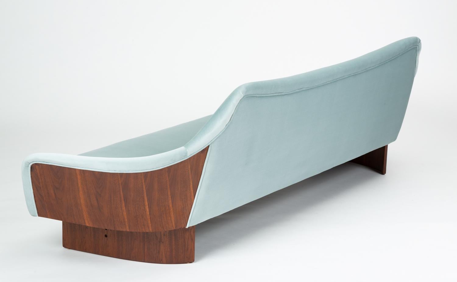 American Adrian Pearsall Style Gondola Sofa in Ice Blue Velvet with Walnut Details