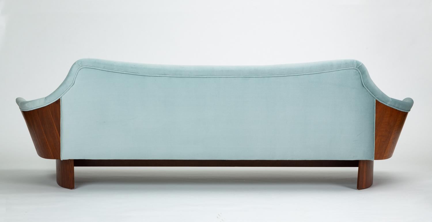 Veneer Adrian Pearsall Style Gondola Sofa in Ice Blue Velvet with Walnut Details