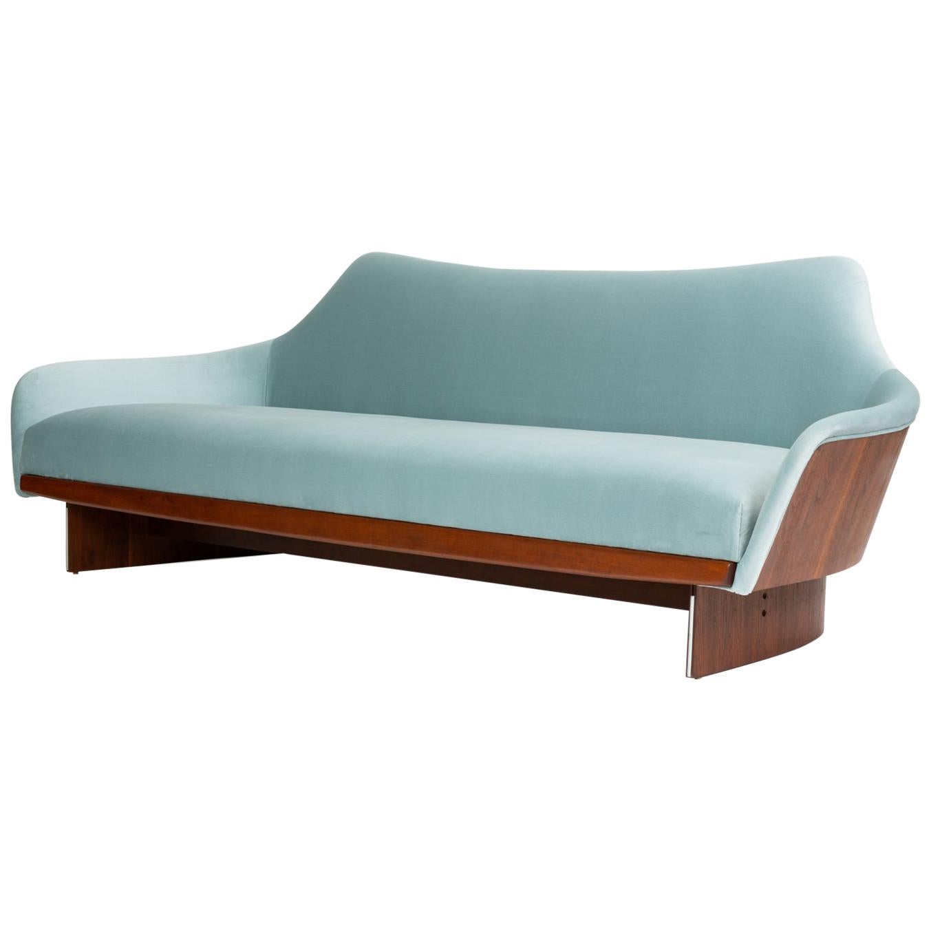 Adrian Pearsall Style Gondola Sofa in Ice Blue Velvet with Walnut Details