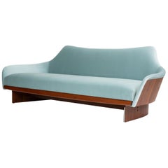 Adrian Pearsall Style Gondola Sofa in Ice Blue Velvet with Walnut Details