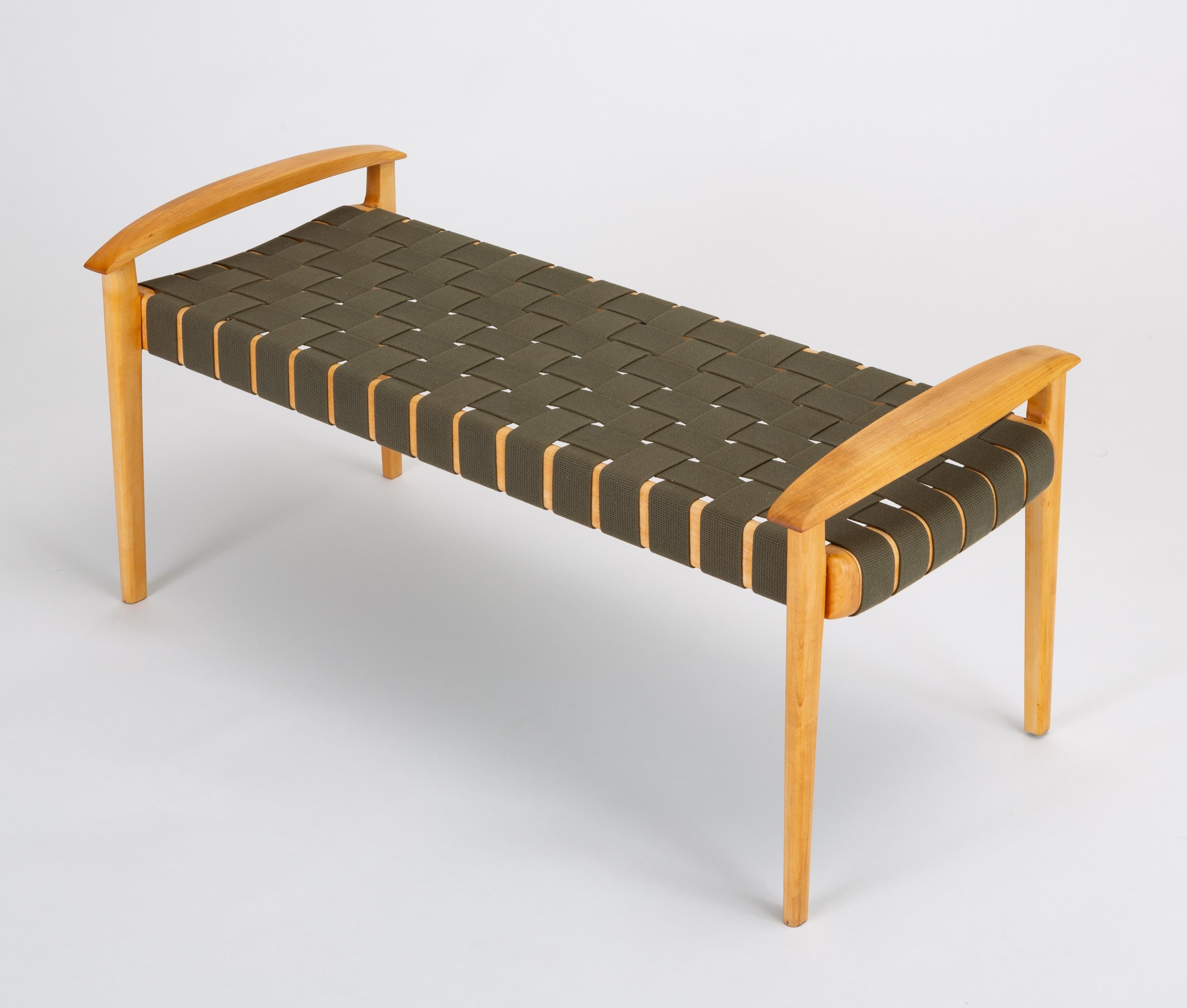 Contemporary American-Made Maple Bench with Woven Seat by Tom Ghilarducci
