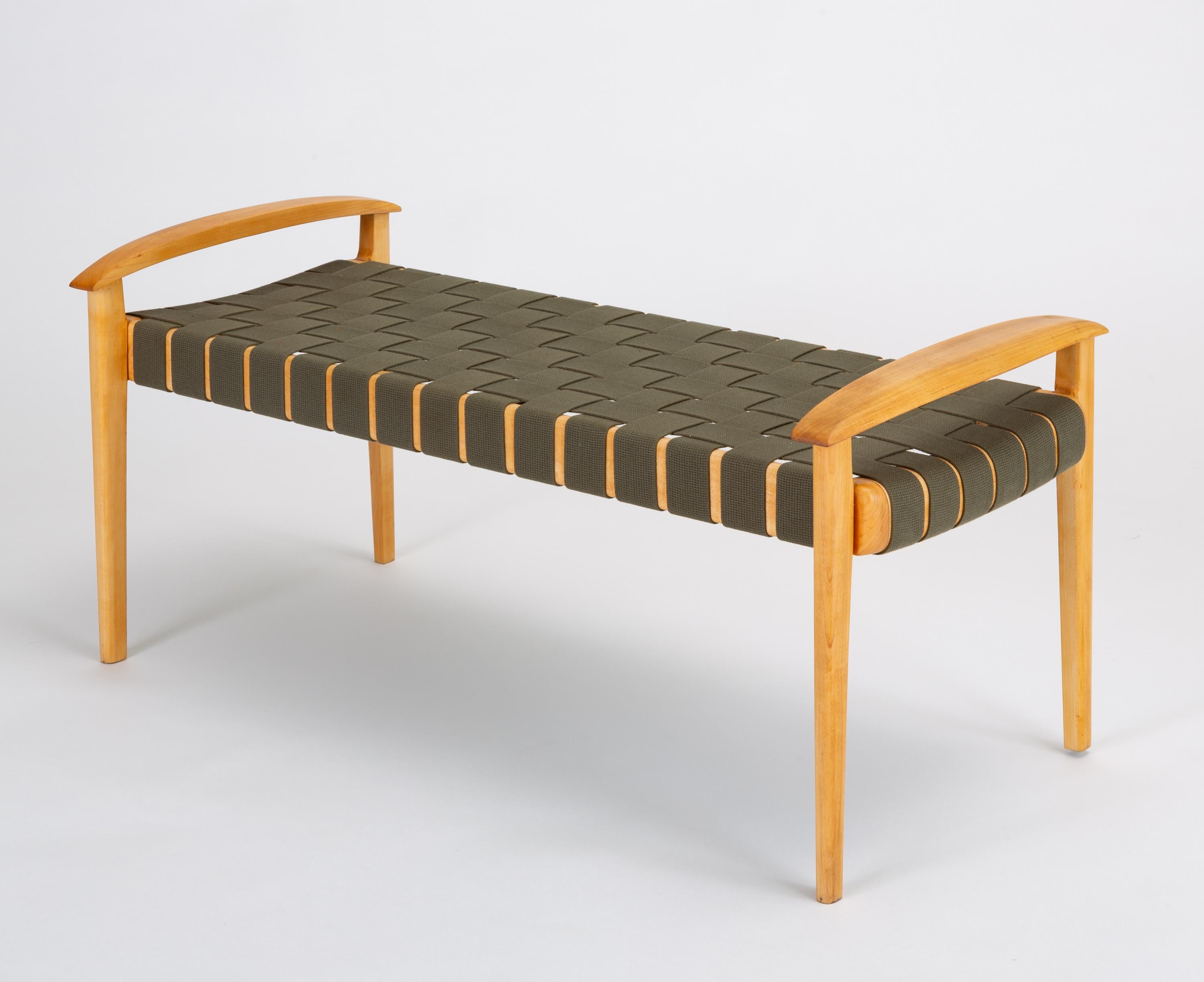 Cotton American-Made Maple Bench with Woven Seat by Tom Ghilarducci