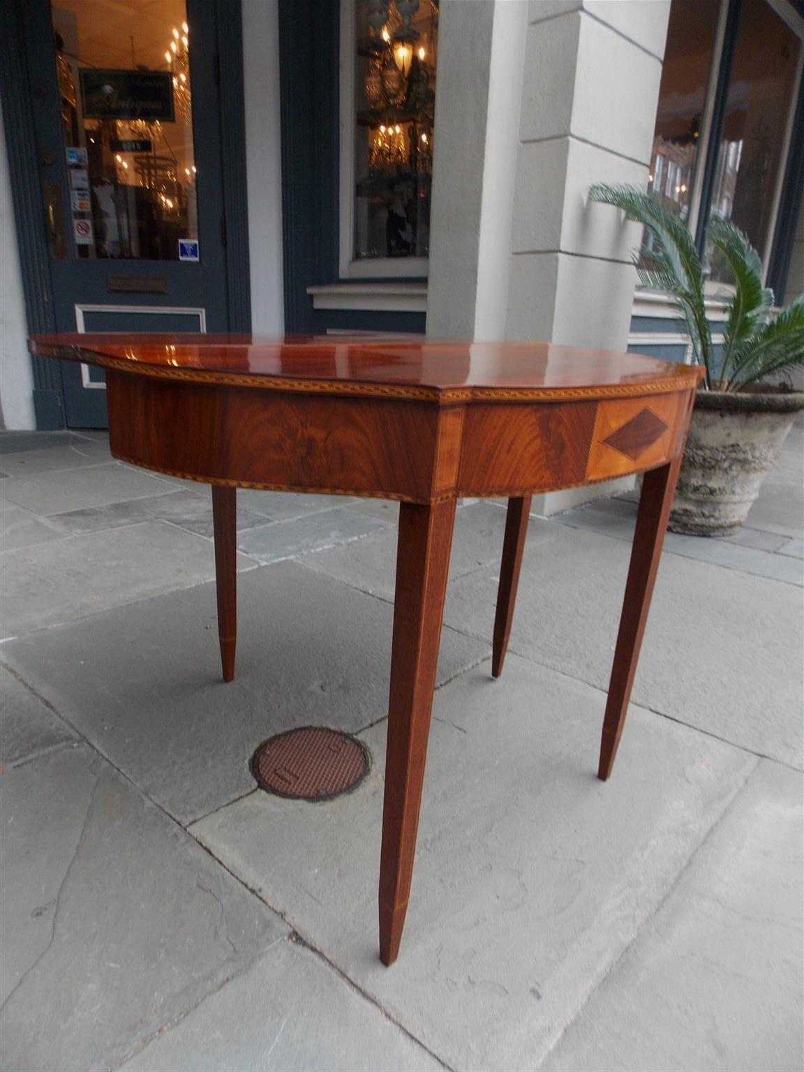 American Mahogany and Birch Inlaid Half Serpentine Form Card Table, Circa 1800 1