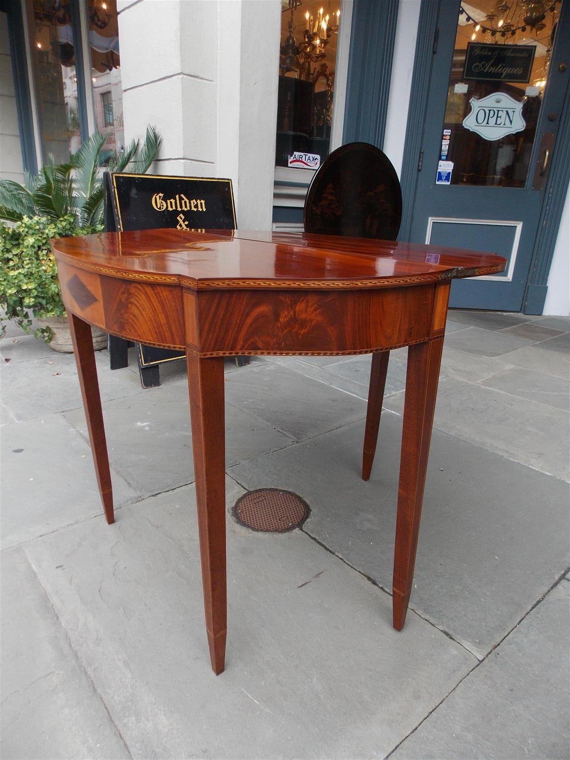 American Mahogany and Birch Inlaid Half Serpentine Form Card Table, Circa 1800 2