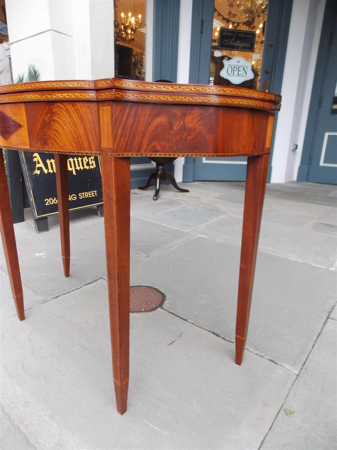 Federal American Mahogany and Birch Inlaid Half Serpentine Form Card Table, Circa 1800