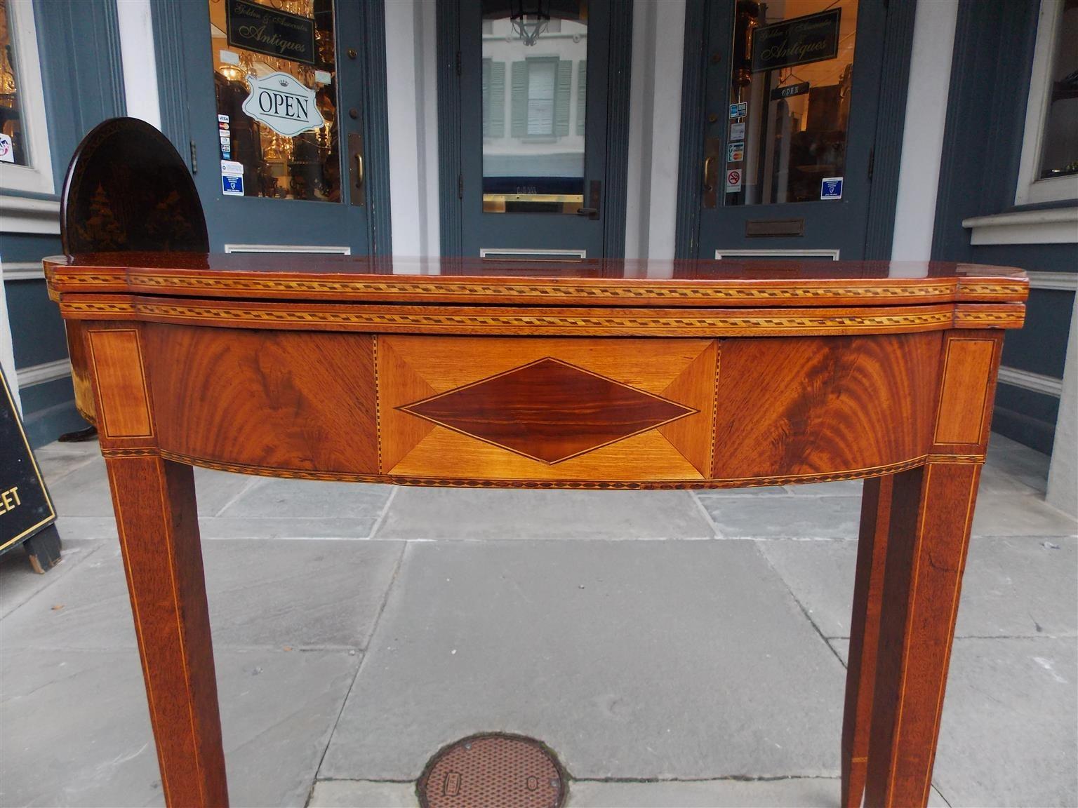 Hand-Carved American Mahogany and Birch Inlaid Half Serpentine Form Card Table, Circa 1800