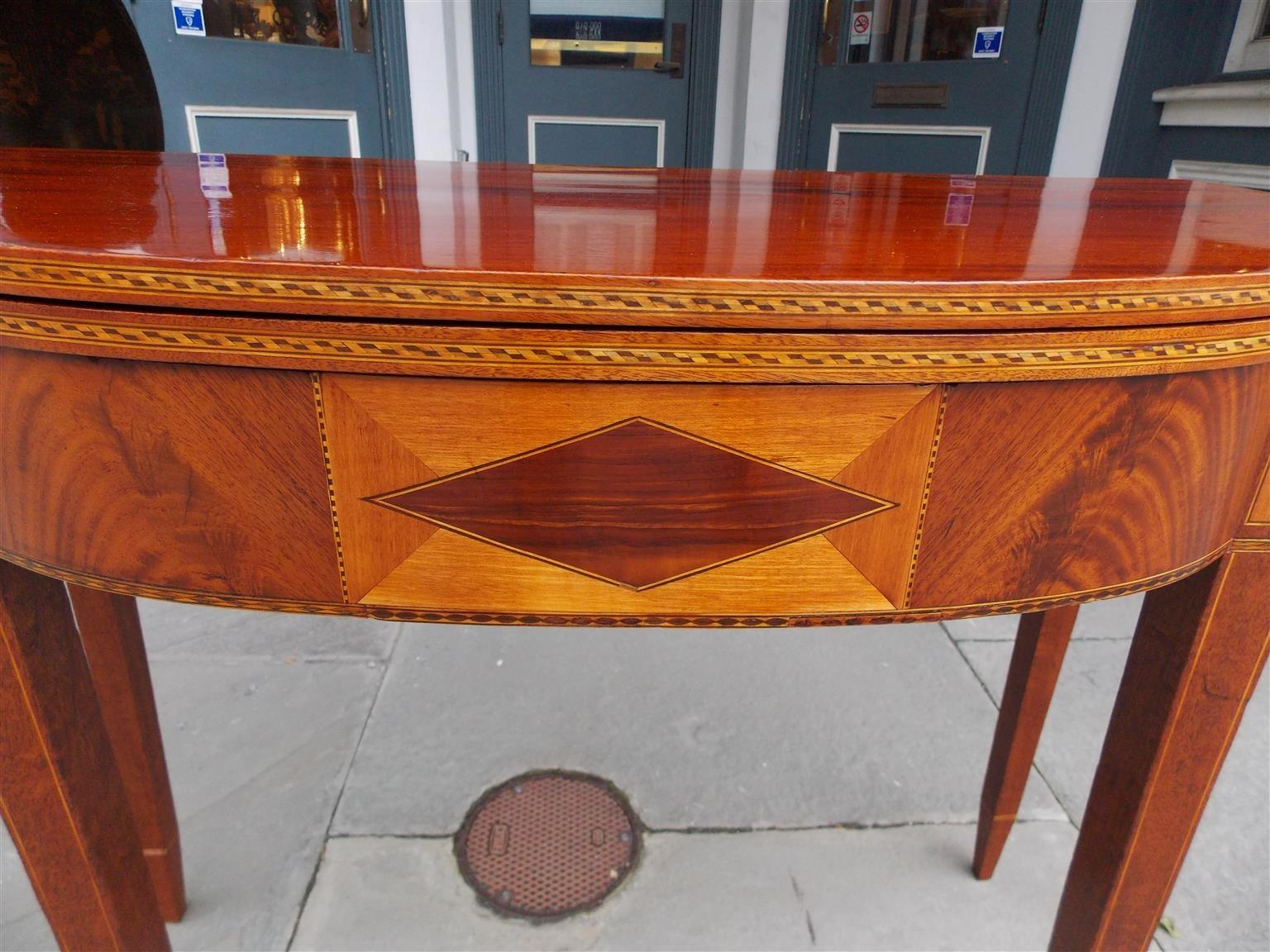 Hand-Carved American Mahogany and Birch Inlaid Half Serpentine Form Card Table, Circa 1800