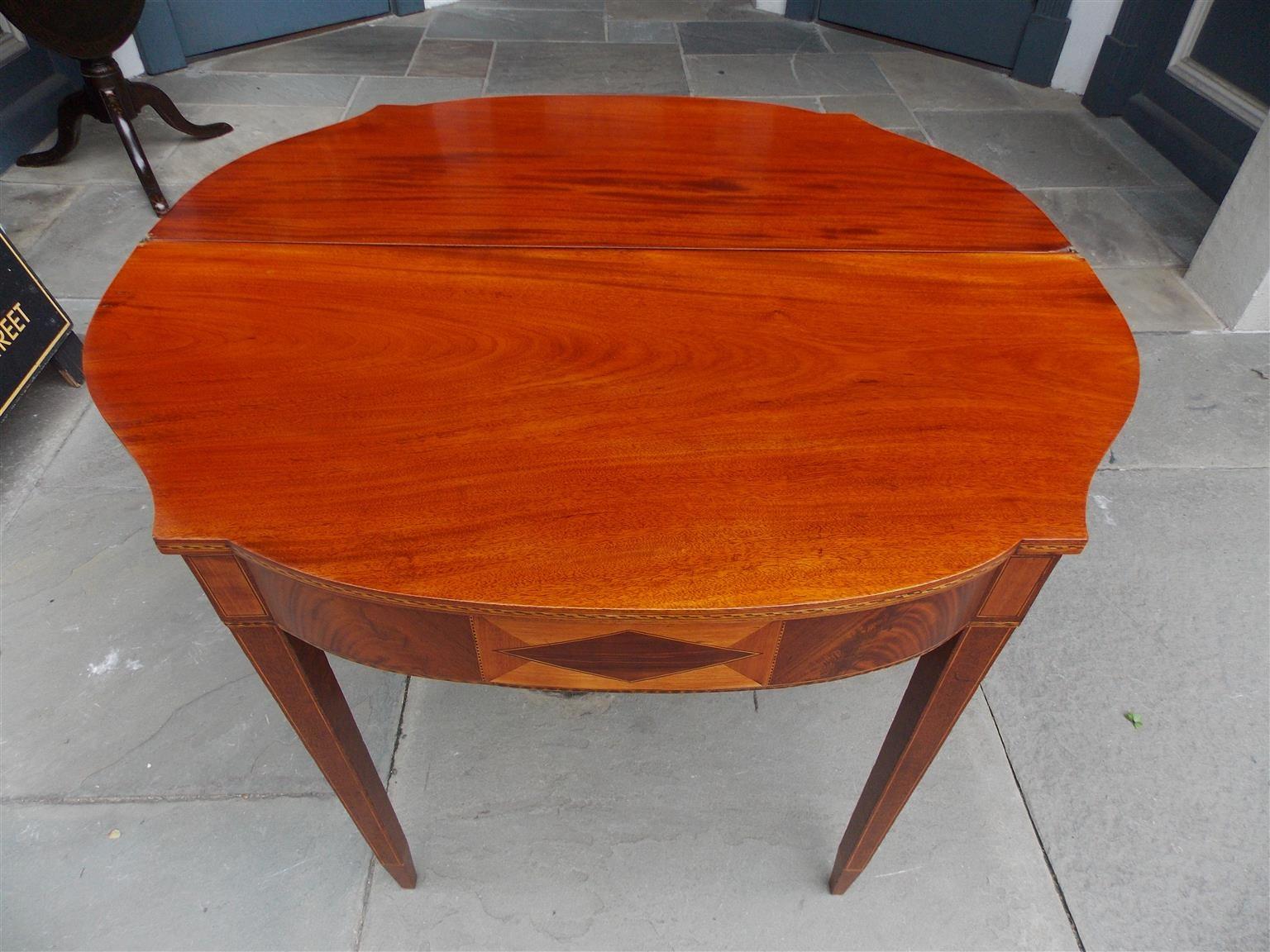 Early 19th Century American Mahogany and Birch Inlaid Half Serpentine Form Card Table, Circa 1800