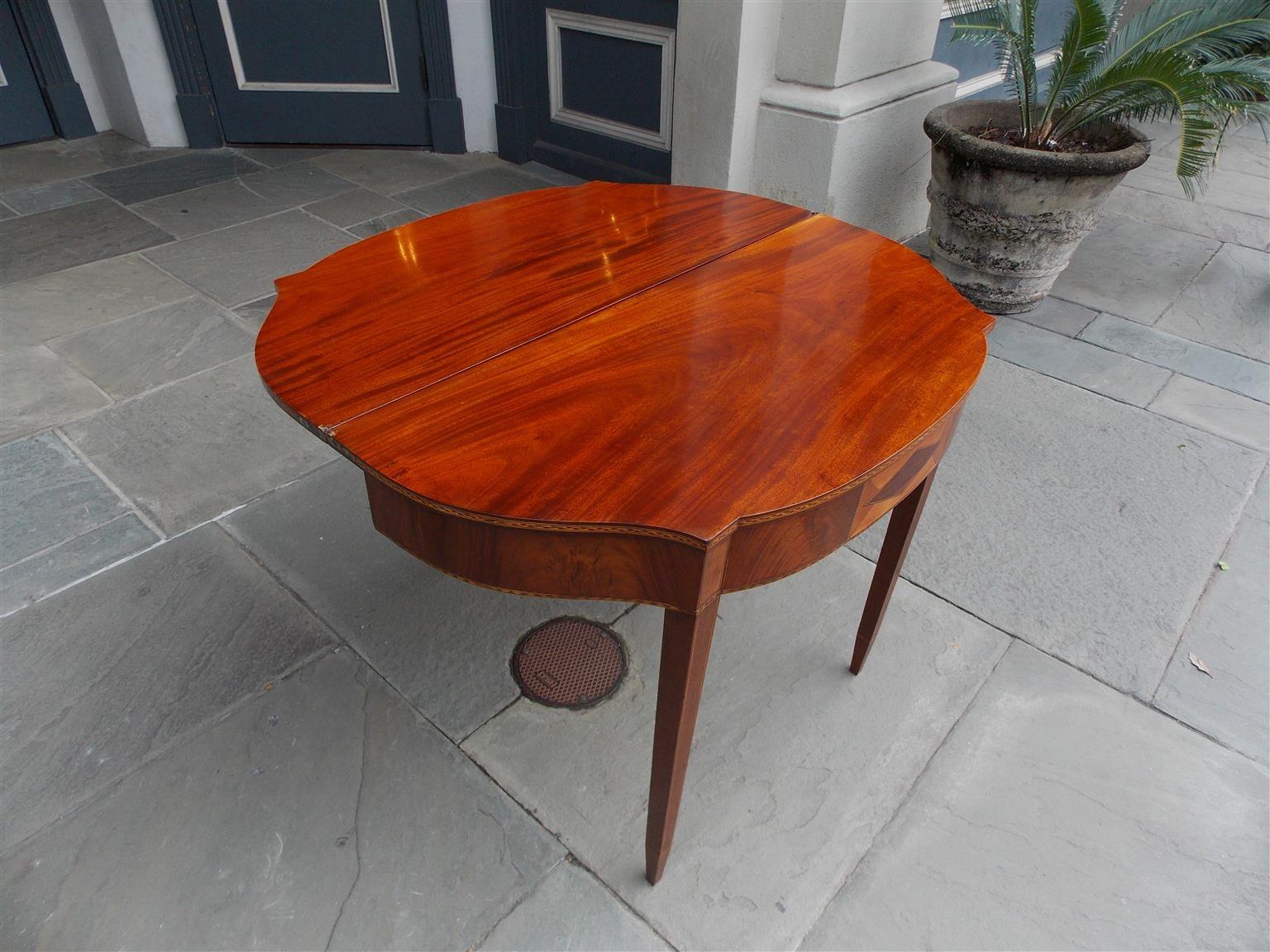 Early 19th Century American Mahogany and Birch Inlaid Half Serpentine Form Card Table, Circa 1800