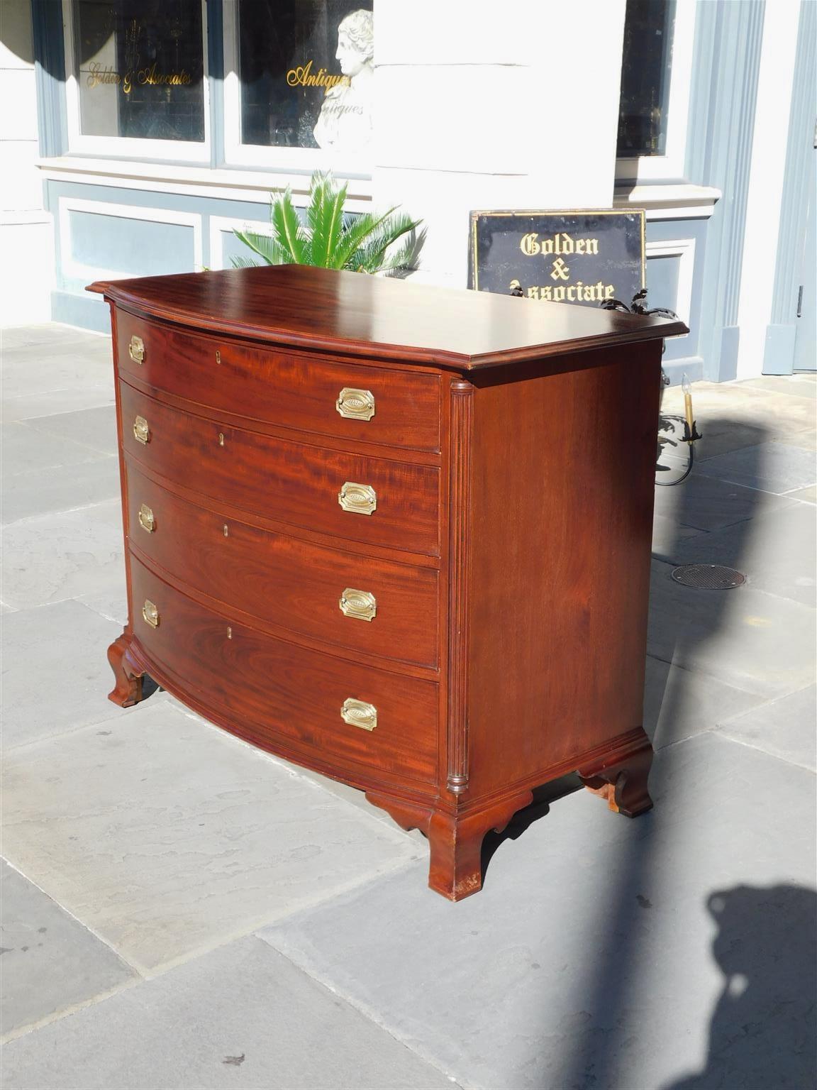 Hand-Carved American Mahogany Bow Front Chest of Drawers with Fluted Quarter Columns C. 1840 For Sale