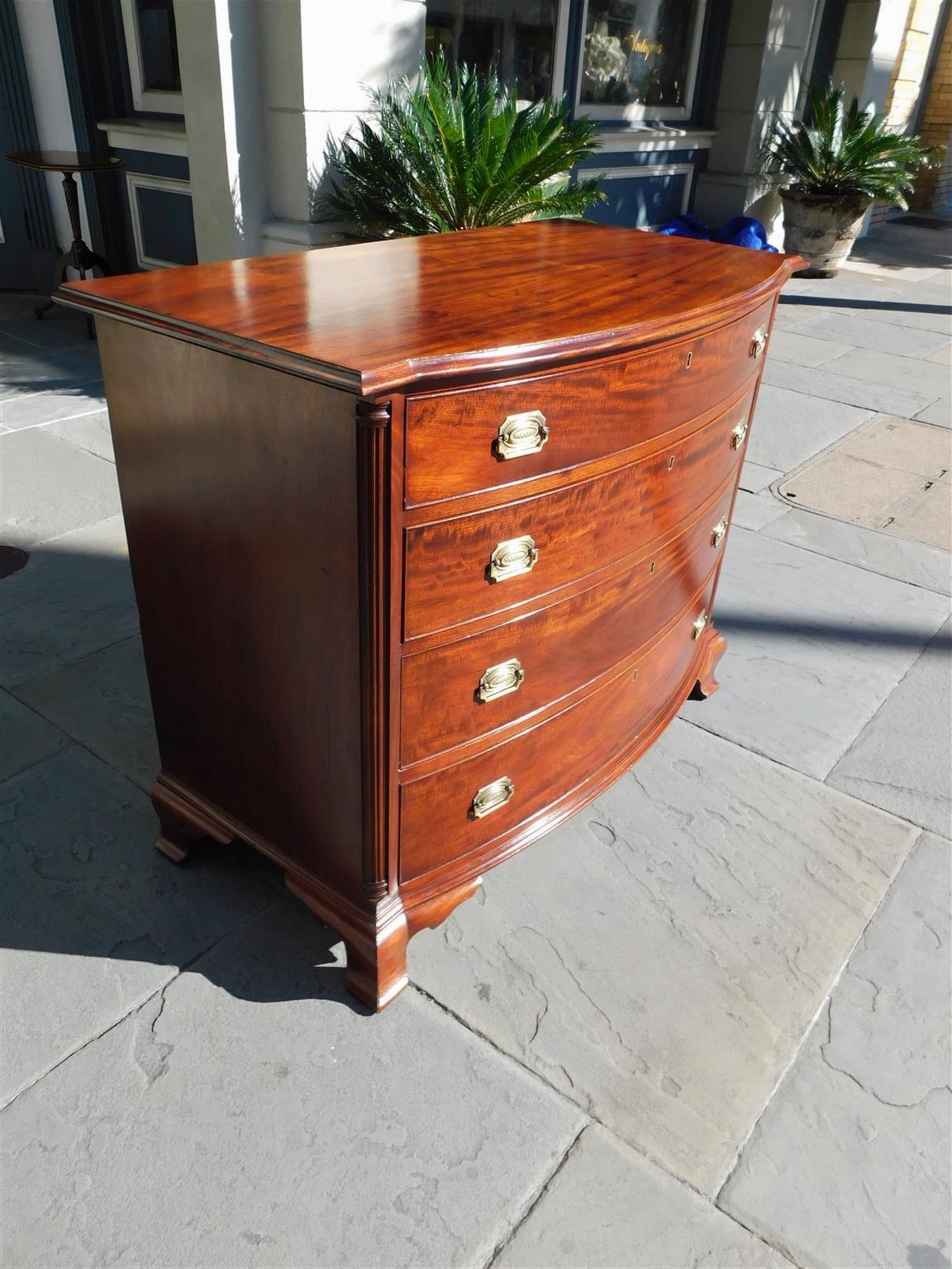Brass American Mahogany Bow Front Chest of Drawers with Fluted Quarter Columns C. 1840 For Sale