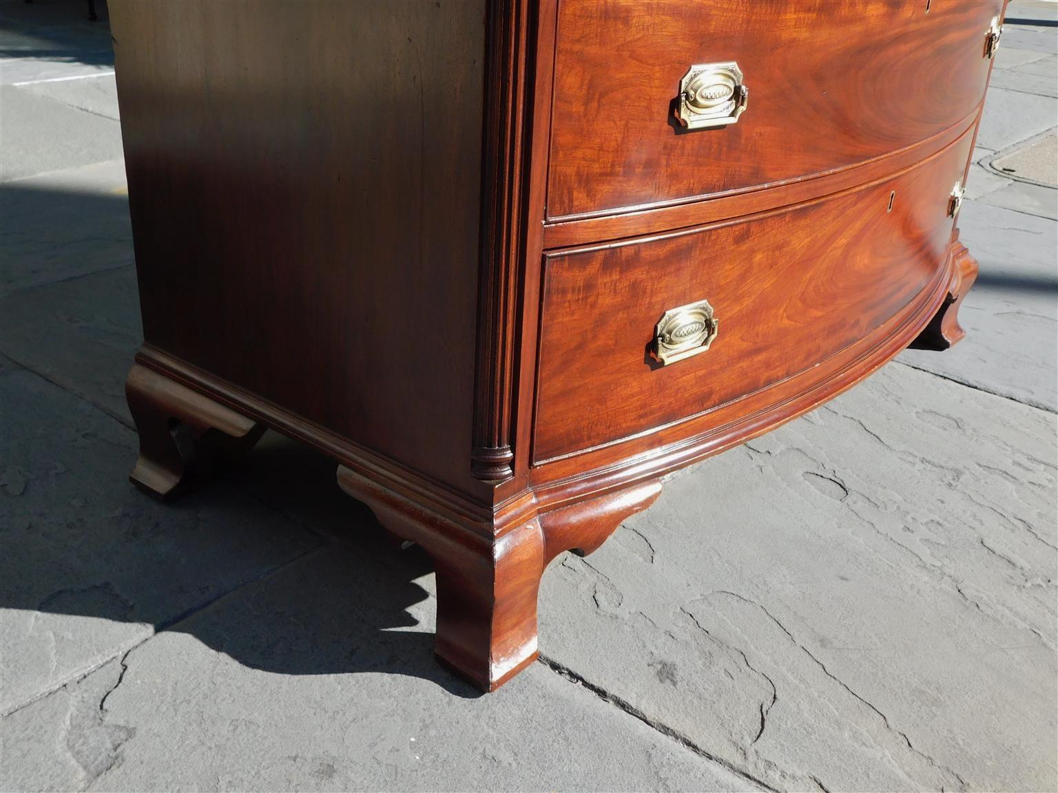 American Mahogany Bow Front Chest of Drawers with Fluted Quarter Columns C. 1840 For Sale 1
