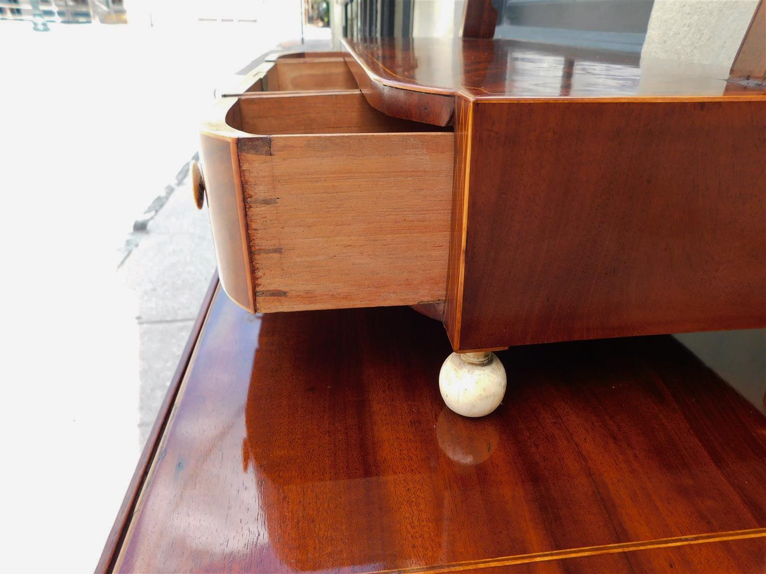 American Mahogany Bow Front Satinwood Inlaid Oval Dressing Mirror, Boston C 1800 For Sale 5