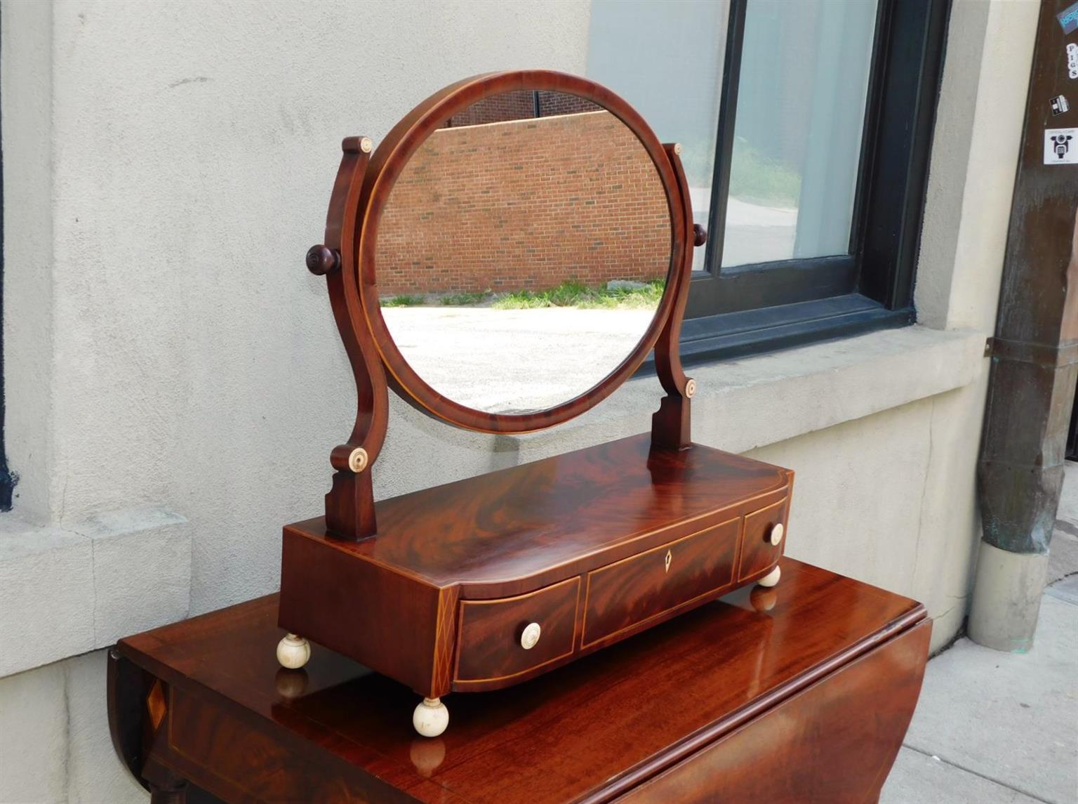 American Colonial American Mahogany Bow Front Satinwood Inlaid Oval Dressing Mirror, Boston C 1800 For Sale
