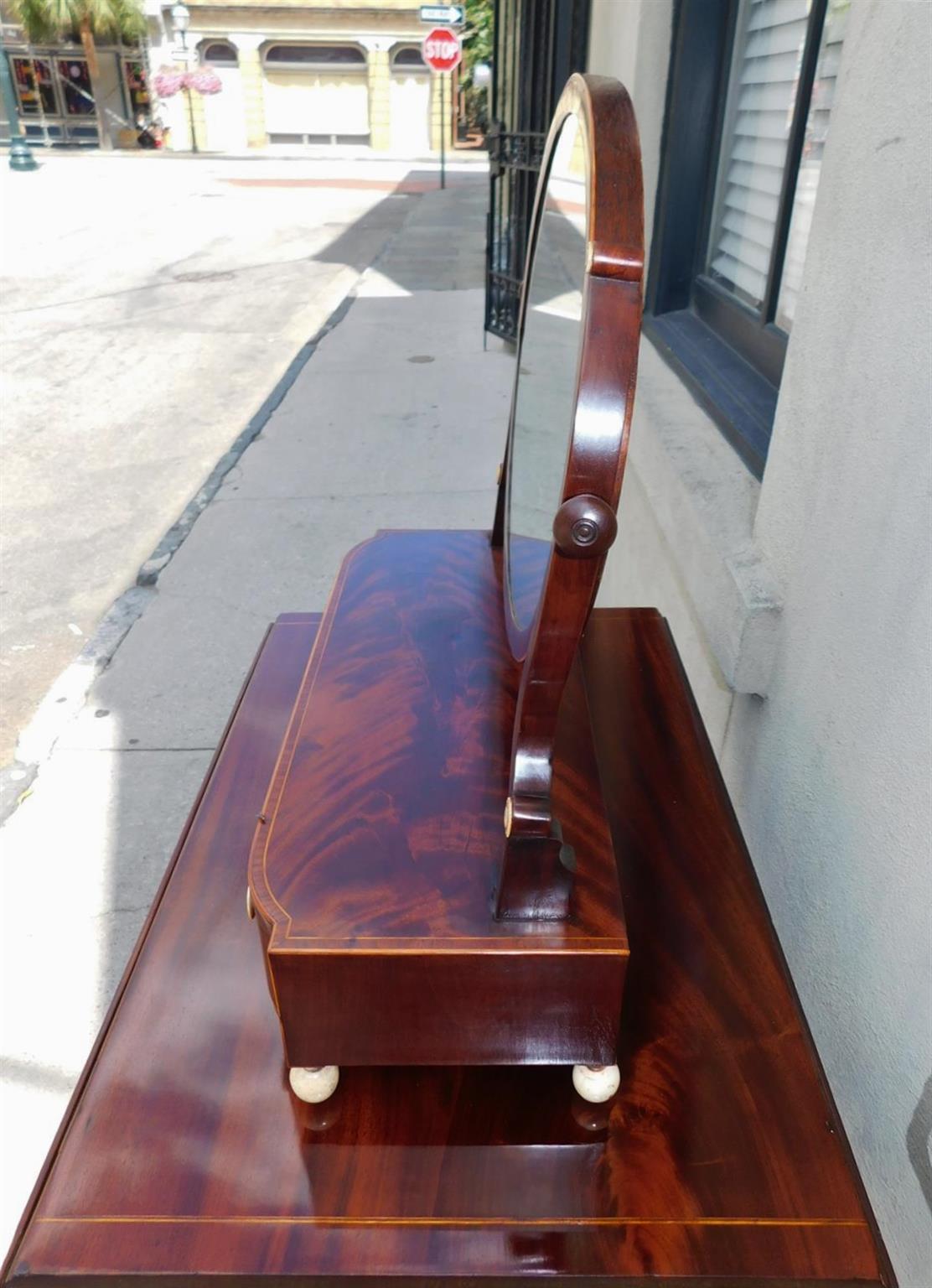 Bone American Mahogany Bow Front Satinwood Inlaid Oval Dressing Mirror, Boston C 1800 For Sale